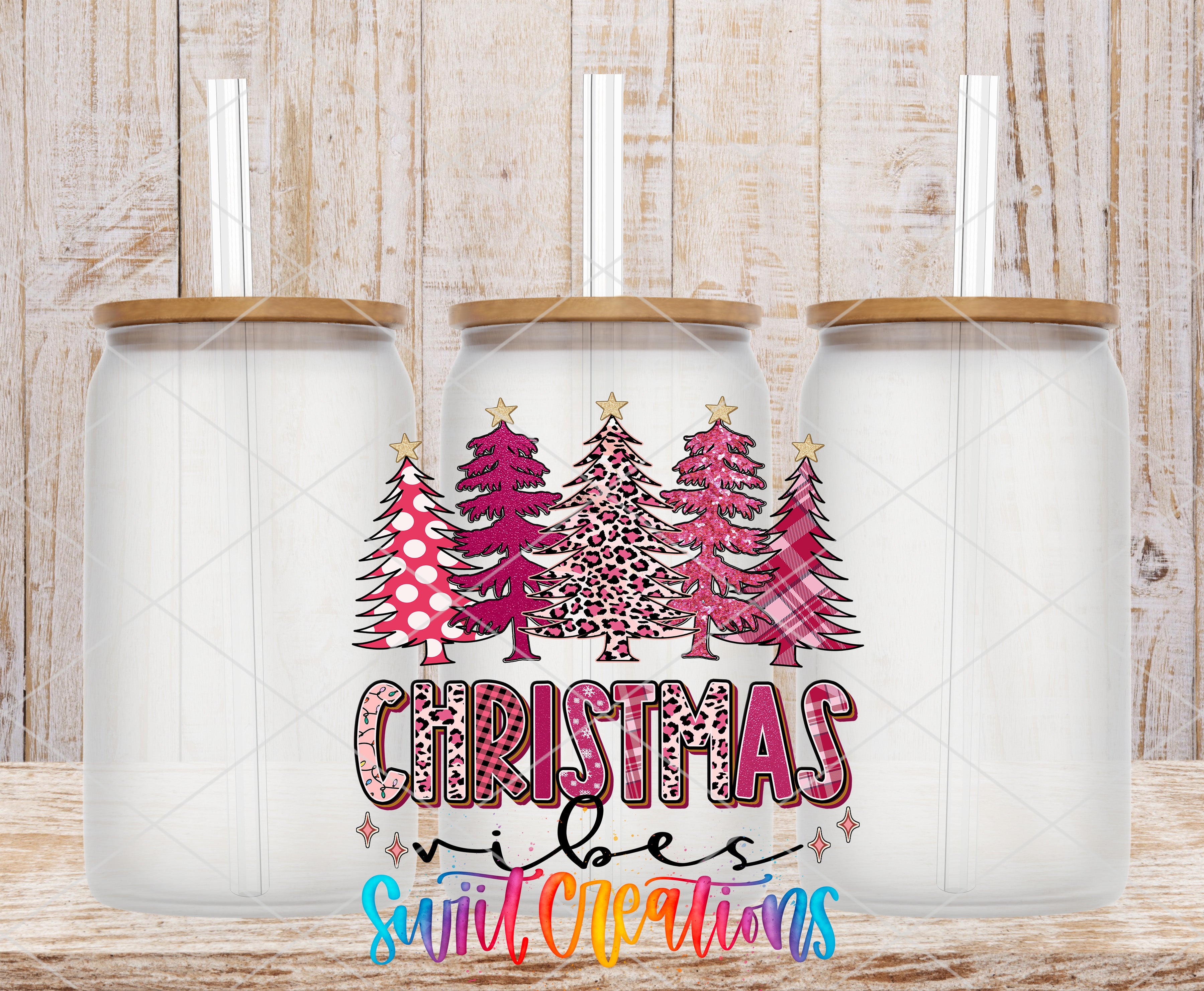 three glass jars with Christmas tree designs and a text overlay that reads "Christmas vibes sweet creations".