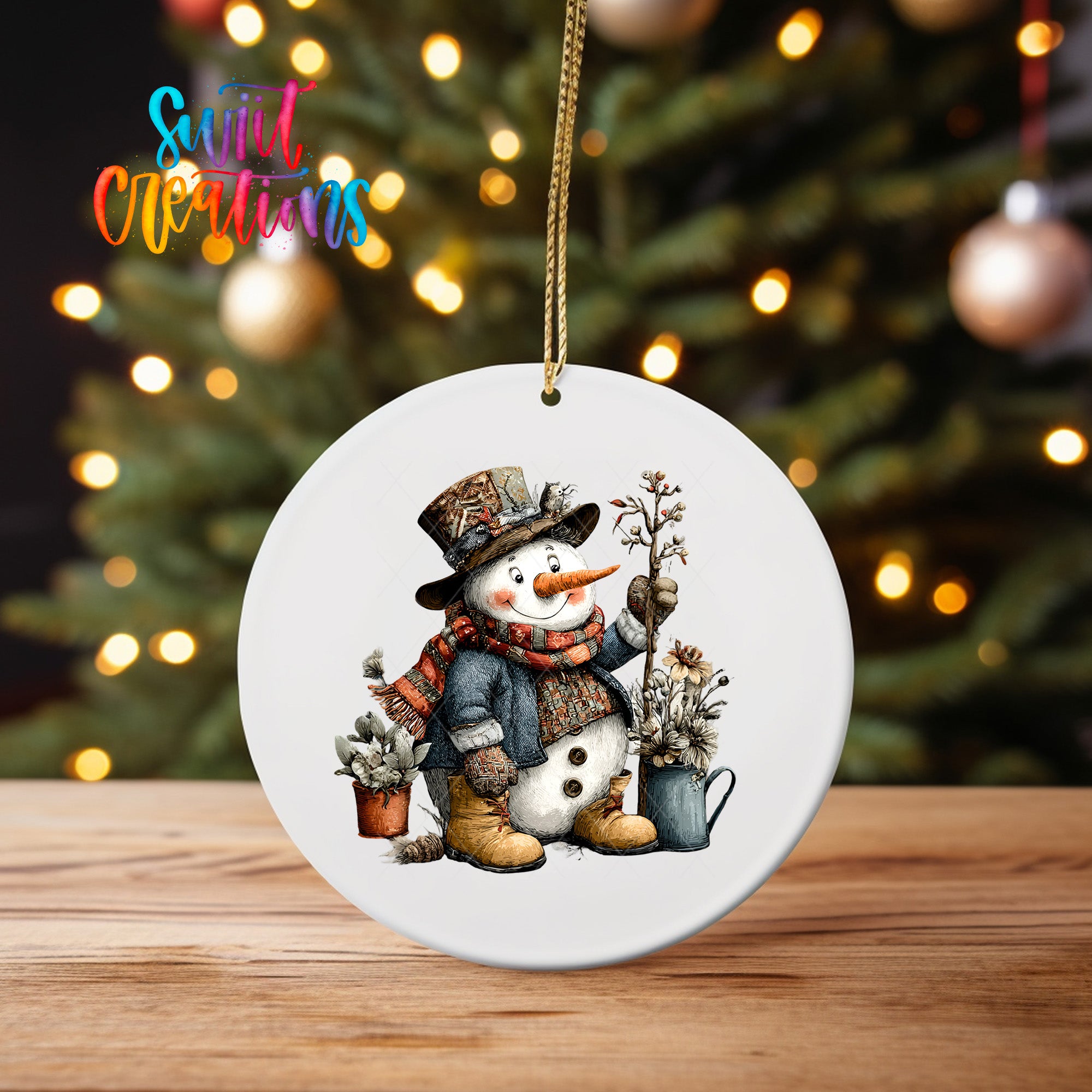 A white ceramic ornament featuring a snowman with a hat, scarf, and a potted plant, set against a blurred background of Christmas lights.
