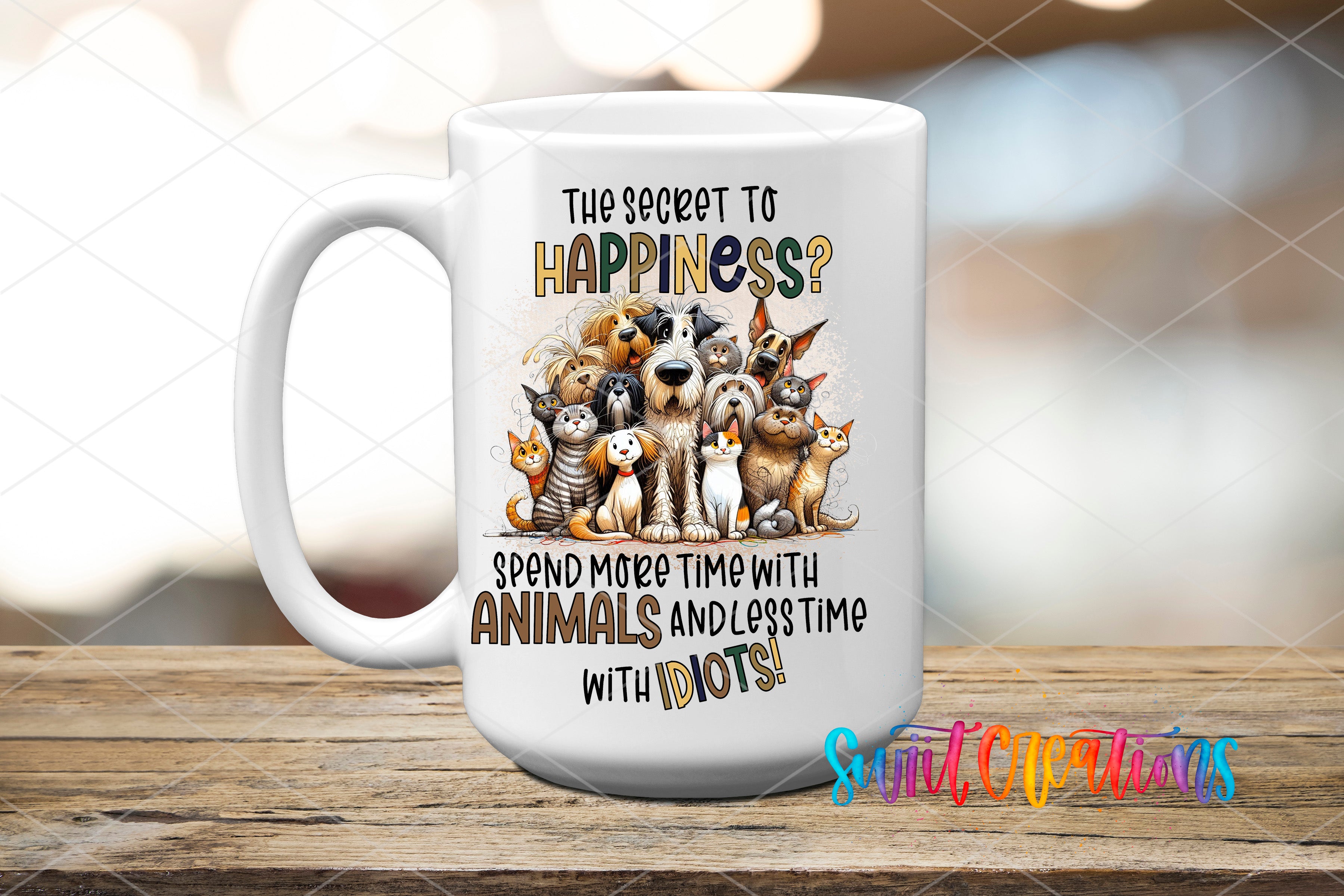 A white ceramic mug with a printed design of various animals, including dogs, cats, and birds, along with the text "The secret to happiness? Spend more time with animals and less time with dots!"
