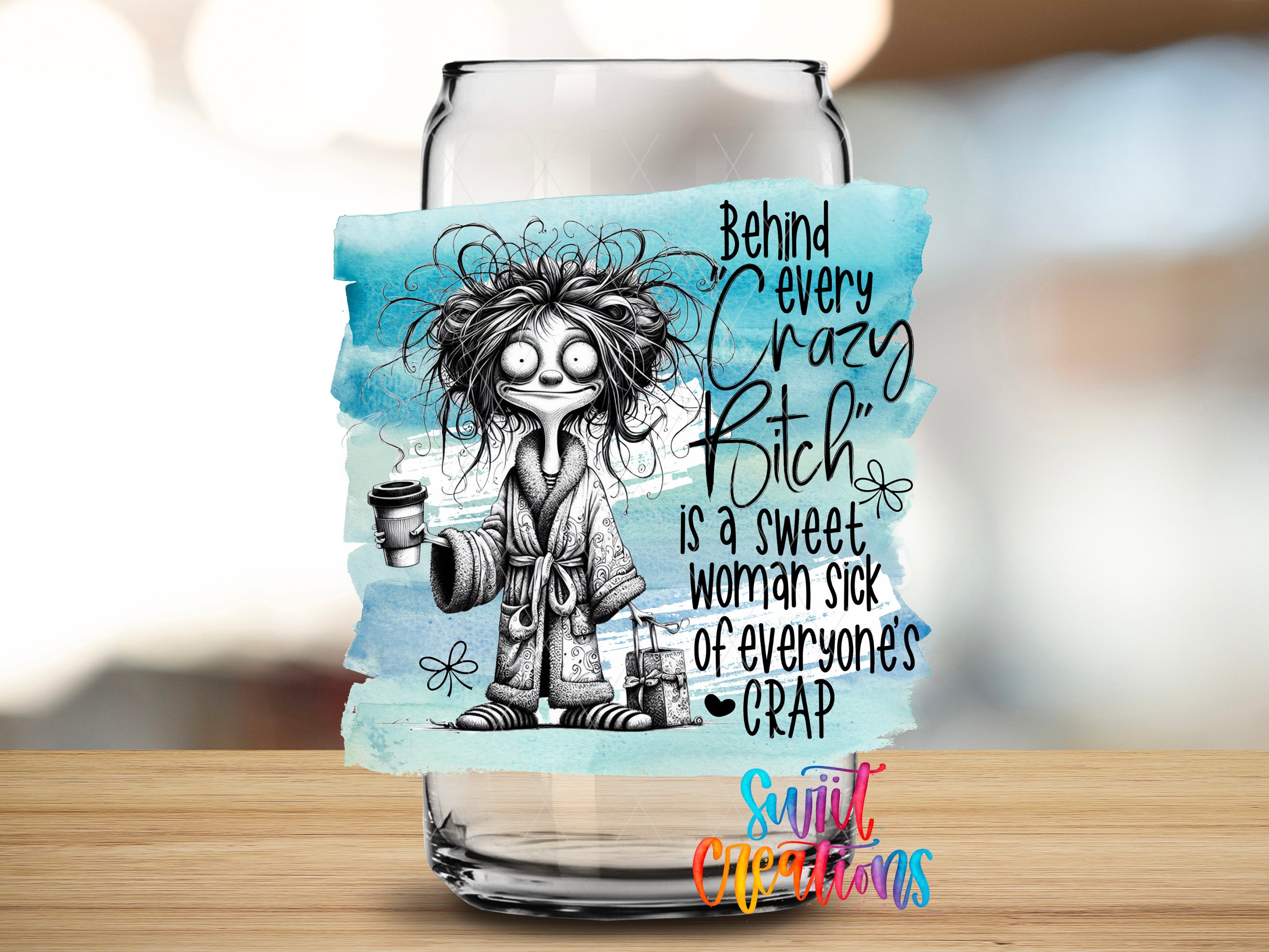a whimsical illustration of a person with a comical expression, wearing a robe and holding a cup, set against a blue and white background.