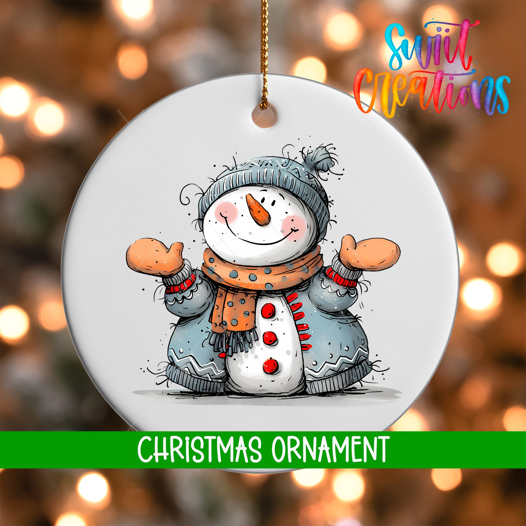 A white Christmas ornament featuring a smiling snowman wearing a blue hat and scarf, with a green ribbon around its neck.