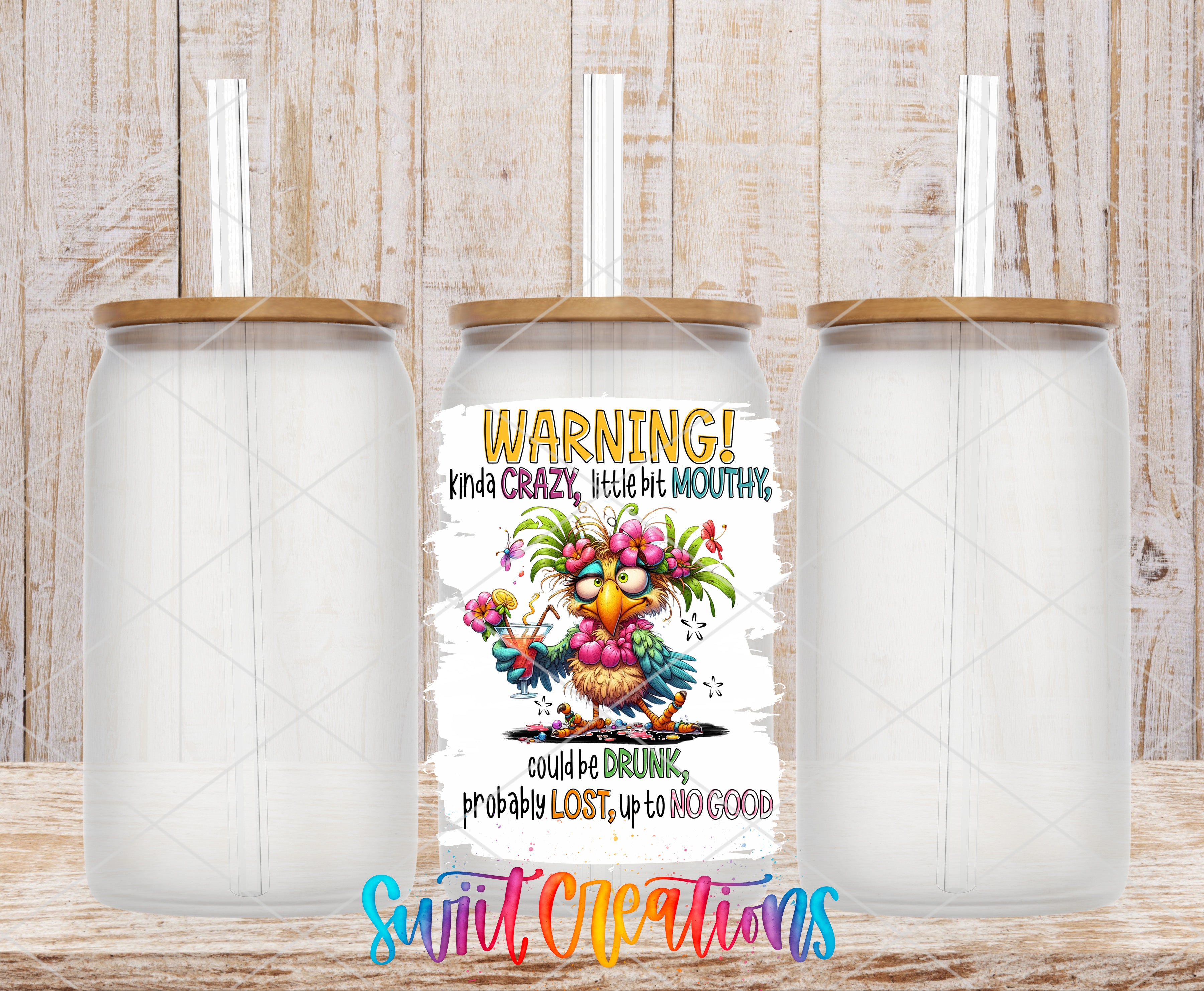 a colorful and whimsical design of a straw with a warning label, placed between two empty glass jars.