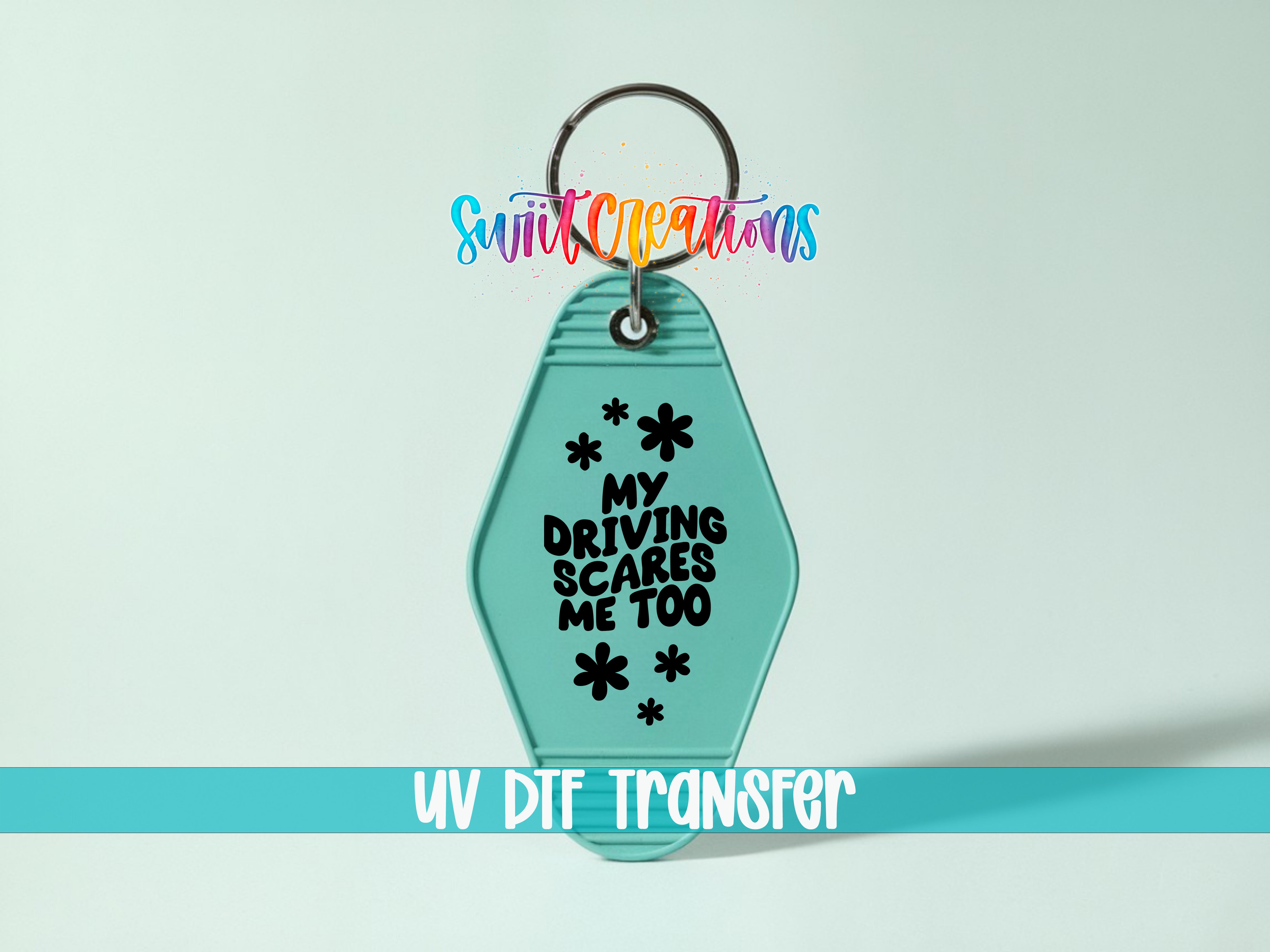 A keychain with a message printed on it, along with a colorful logo above it.