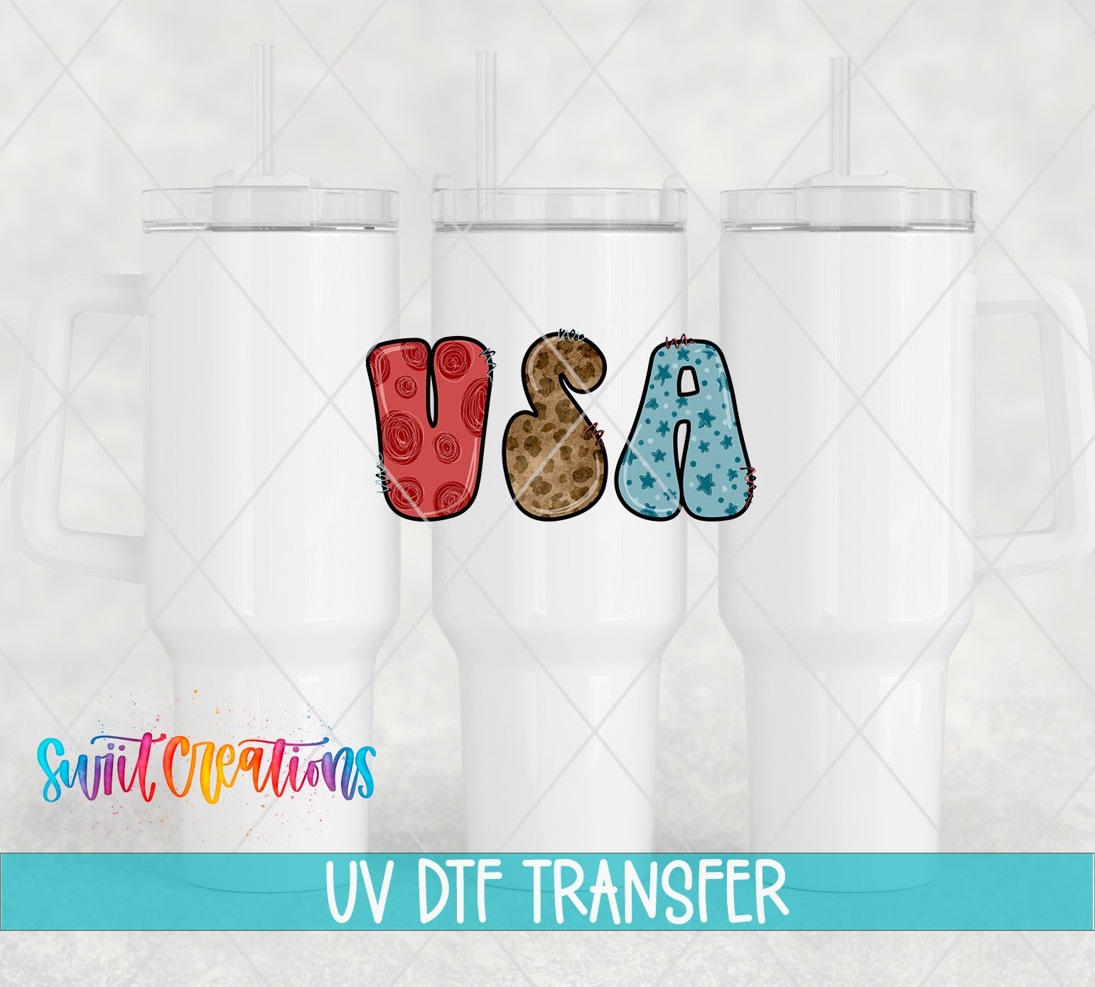 three white tumblers with the word "USA" printed on them in a stylized font.
