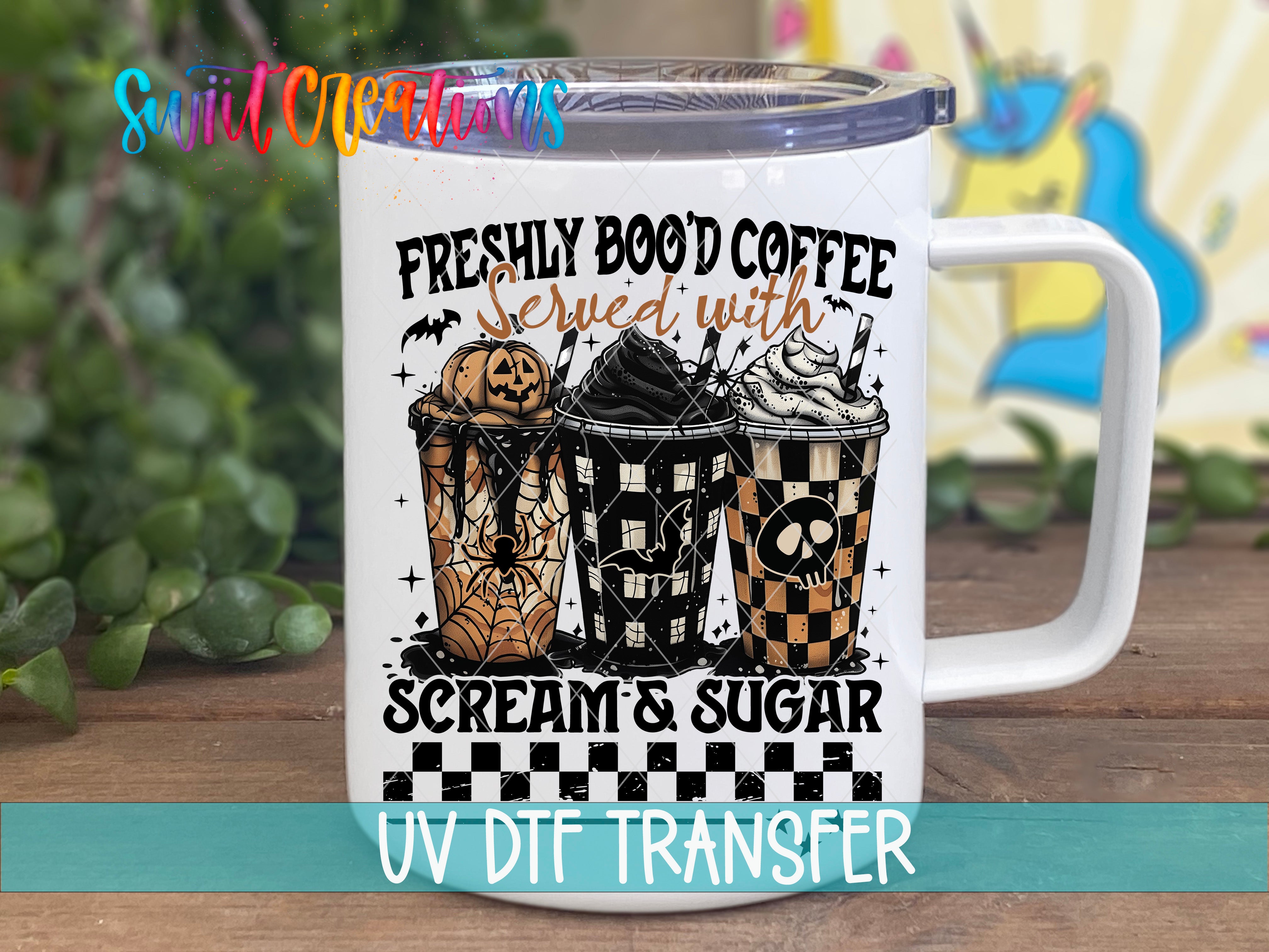 A white mug with a Halloween-themed design featuring three coffee cups with spooky elements such as bats, skulls, and a pumpkin.