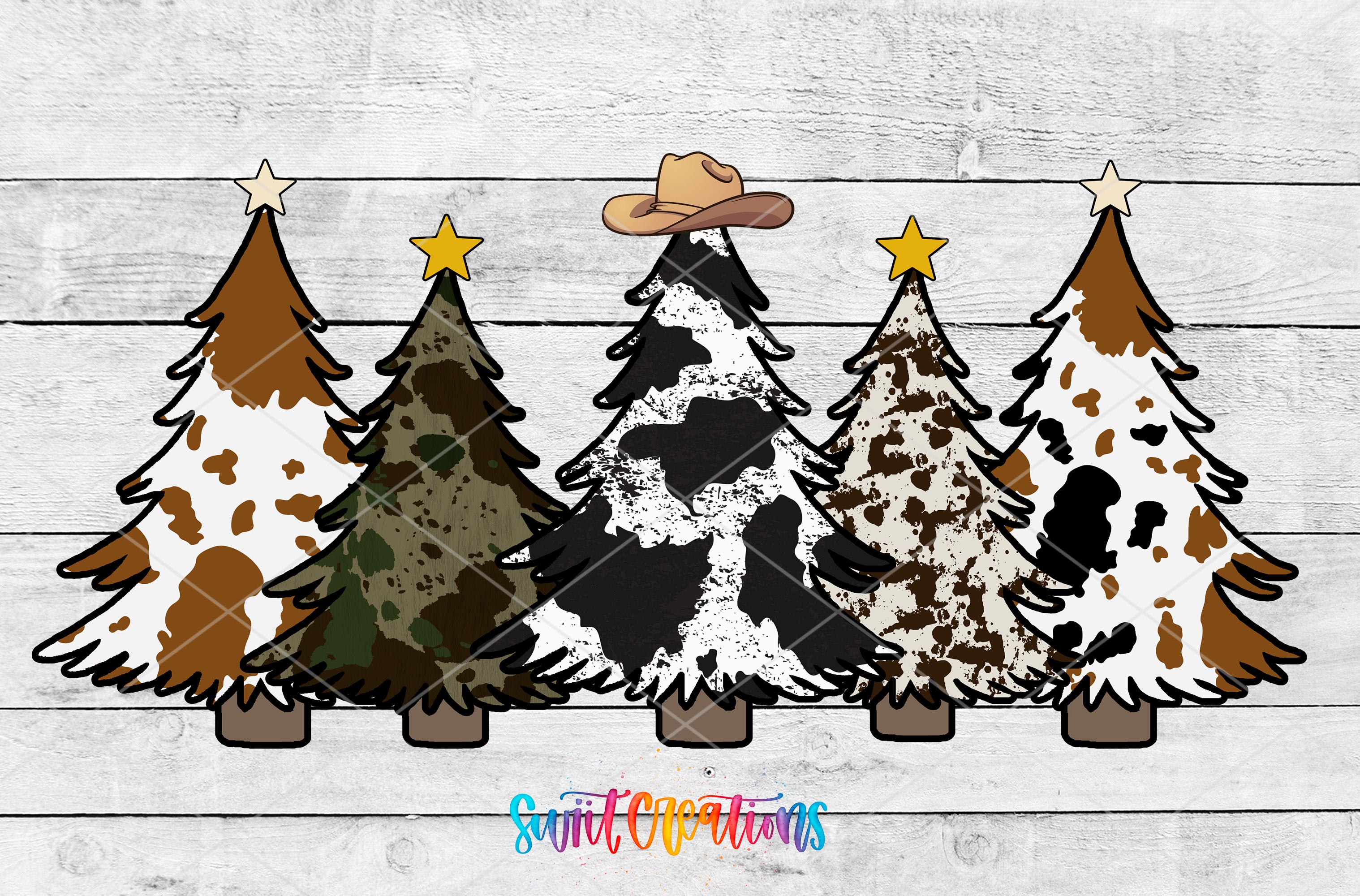 A group of five Christmas trees with different patterns, including camouflage, spotted, and traditional white and brown designs, each topped with a star.