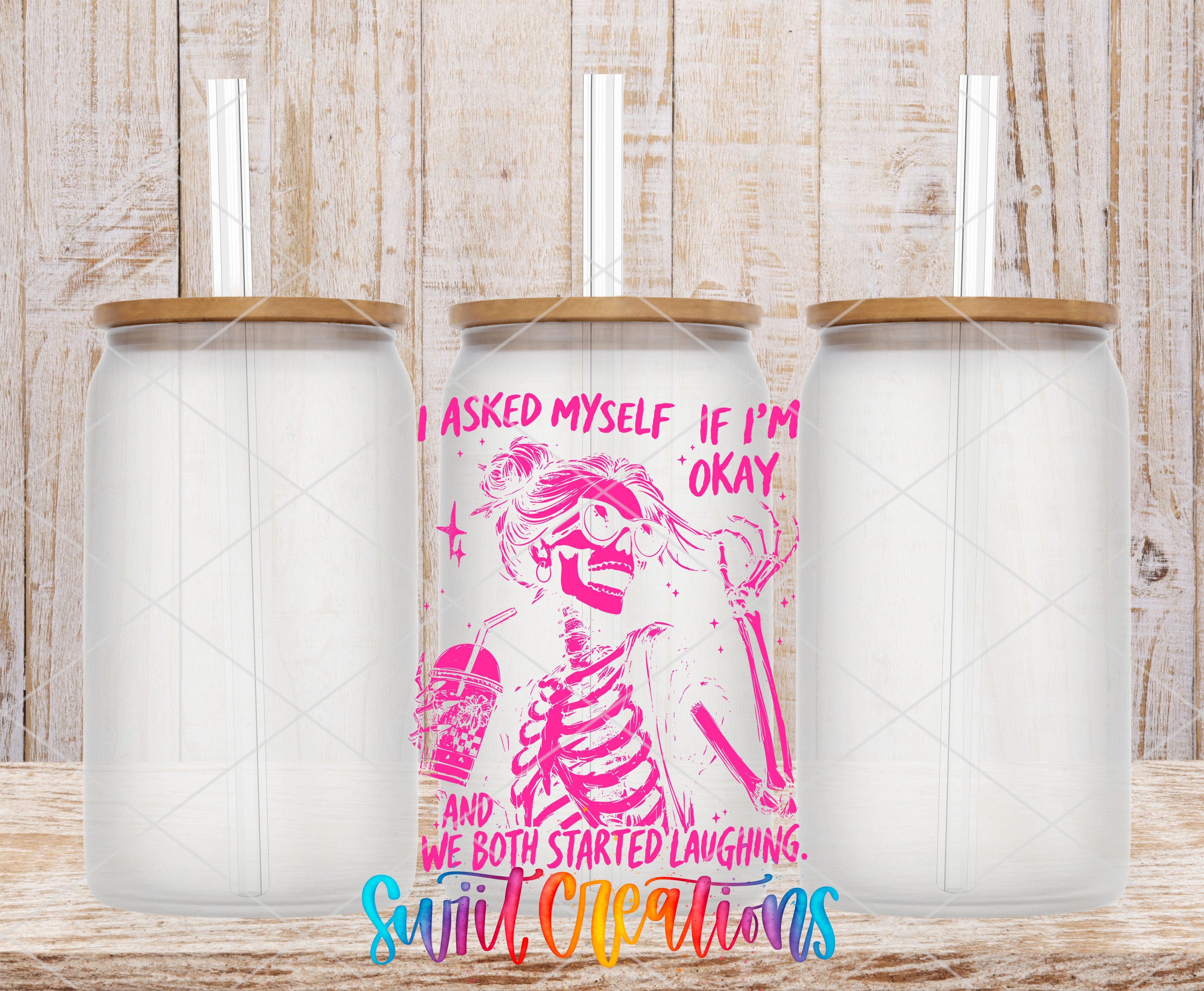 A collage of three glass jars with straws, each featuring a unique design and text.