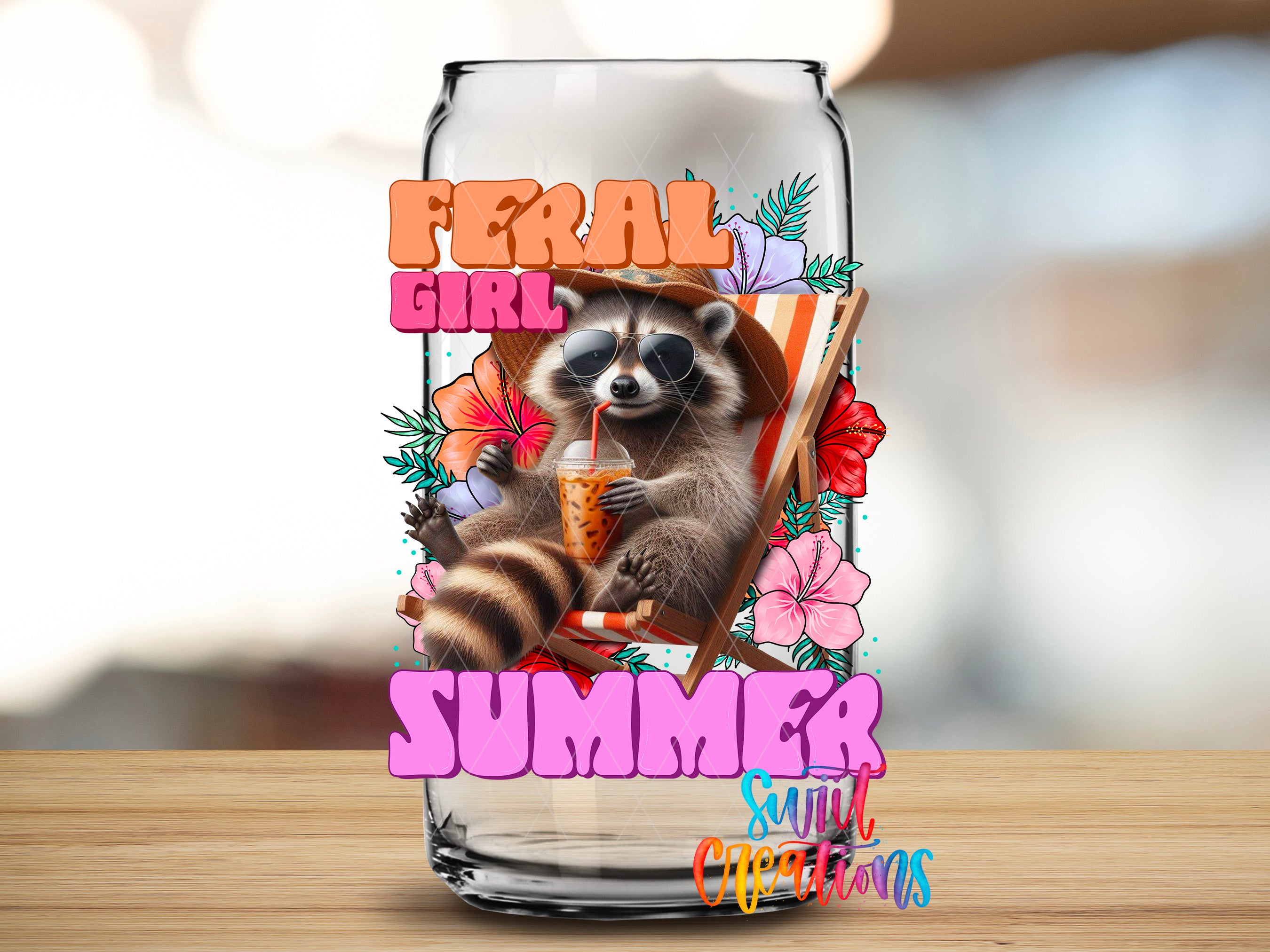 A glass can with a raccoon sitting in it, surrounded by colorful flowers and the text "Feral Girl Summer"