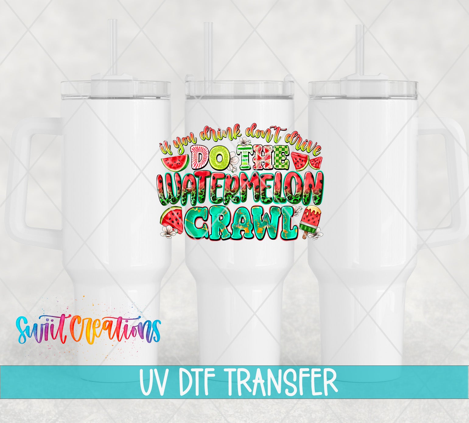 three white tumblers with a colorful watermelon-themed design on them.
