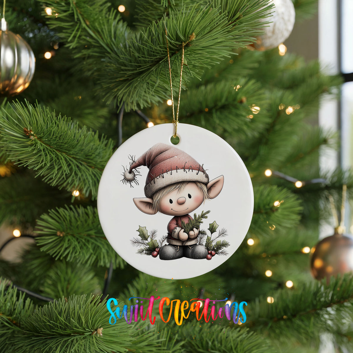 A white ceramic ornament featuring a cartoon elf wearing a Santa hat and holding a pine cone, hanging on a Christmas tree.