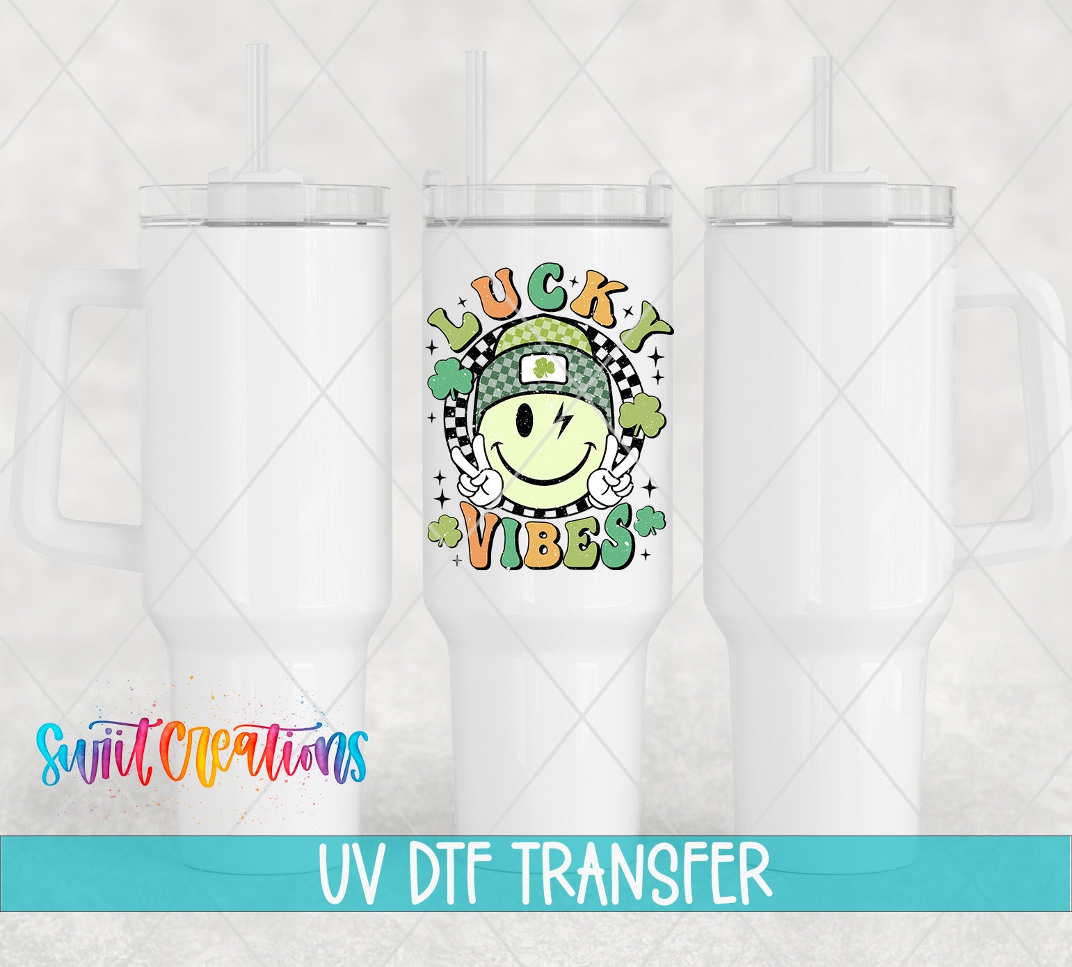 three white tumblers with a colorful design on the front, including a smiling face and the text "Lucky VIBES".