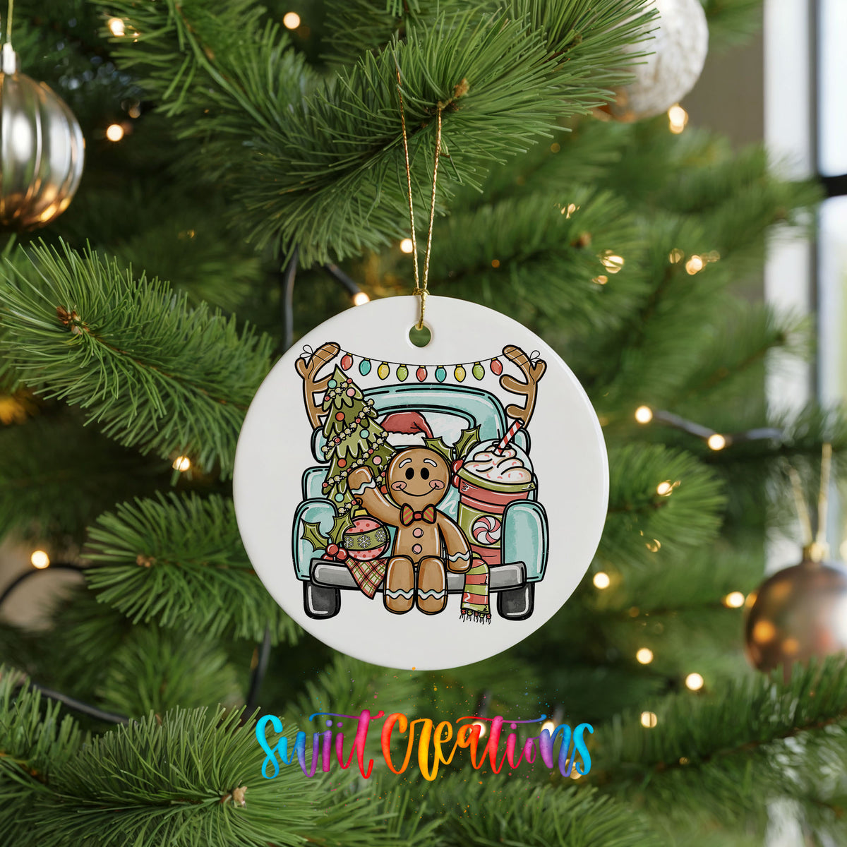 A white Christmas tree ornament featuring a gingerbread man sitting in the back of a truck, surrounded by Christmas decorations.