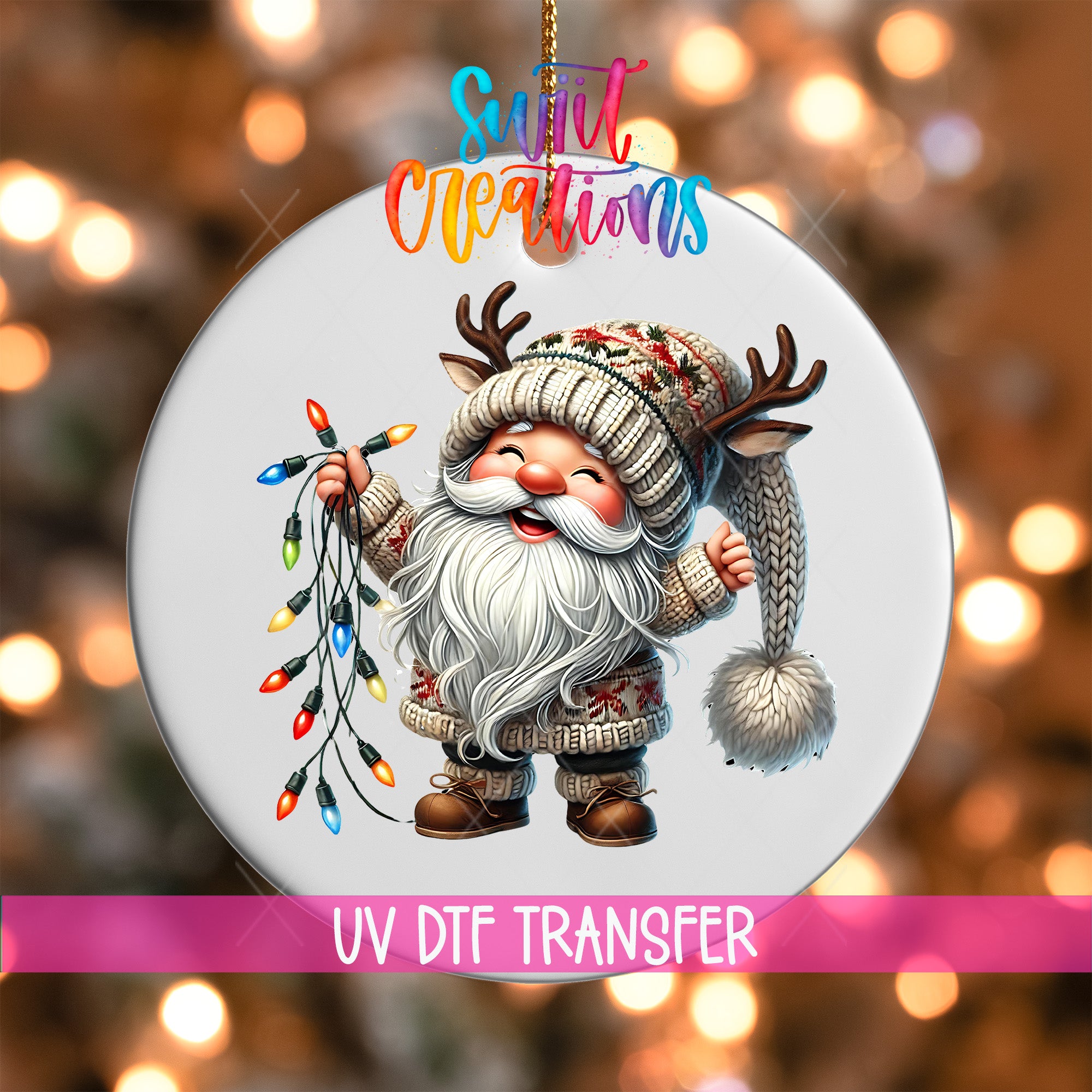 A white ornament with a smiling gnome holding a string of colorful Christmas lights.