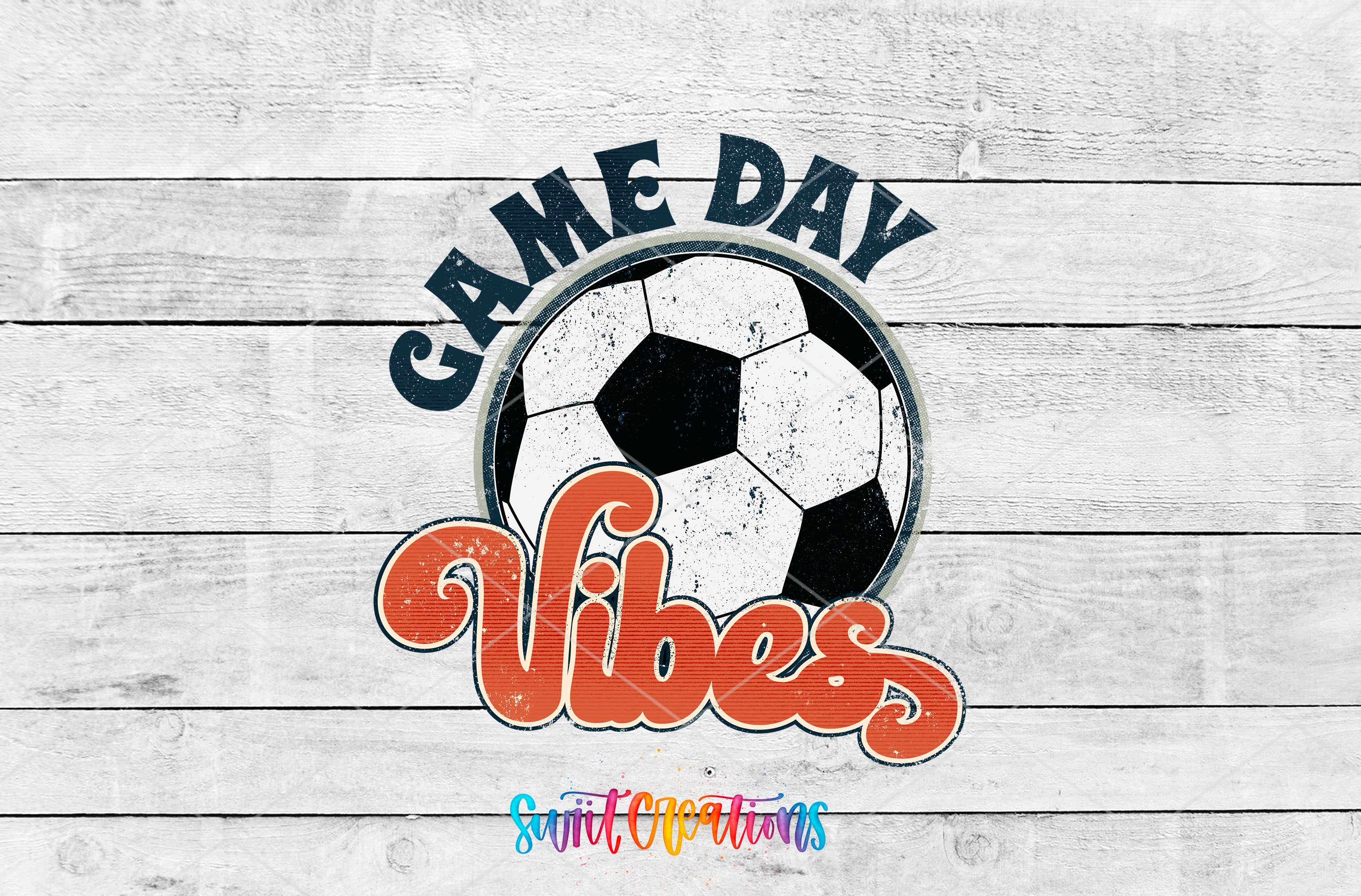 a soccer ball with the text "GAME DAY VIBES" written around it, set against a wooden background.