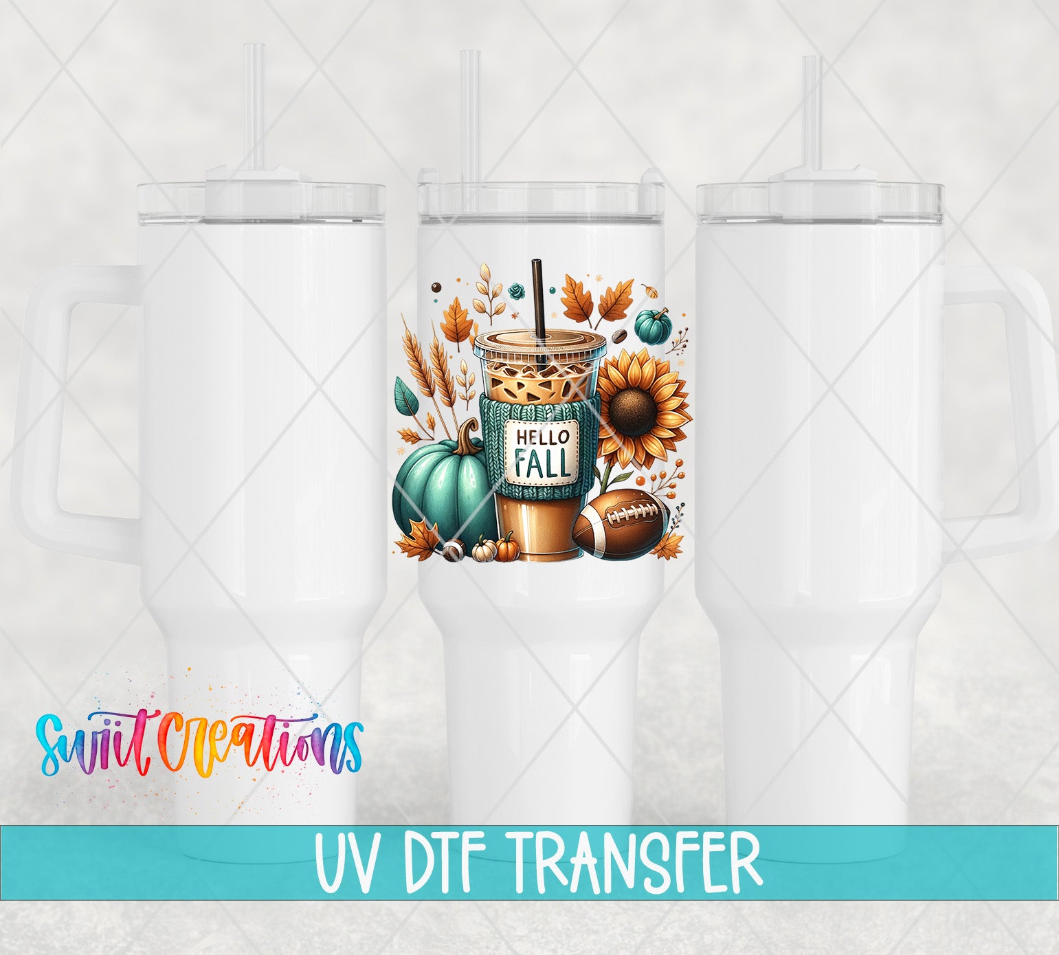 three white tumblers with a colorful design on them, including a coffee cup, sunflowers, pumpkins, and a football. The design also includes the text "Hello Fall" and "UV Dtf Transfer".