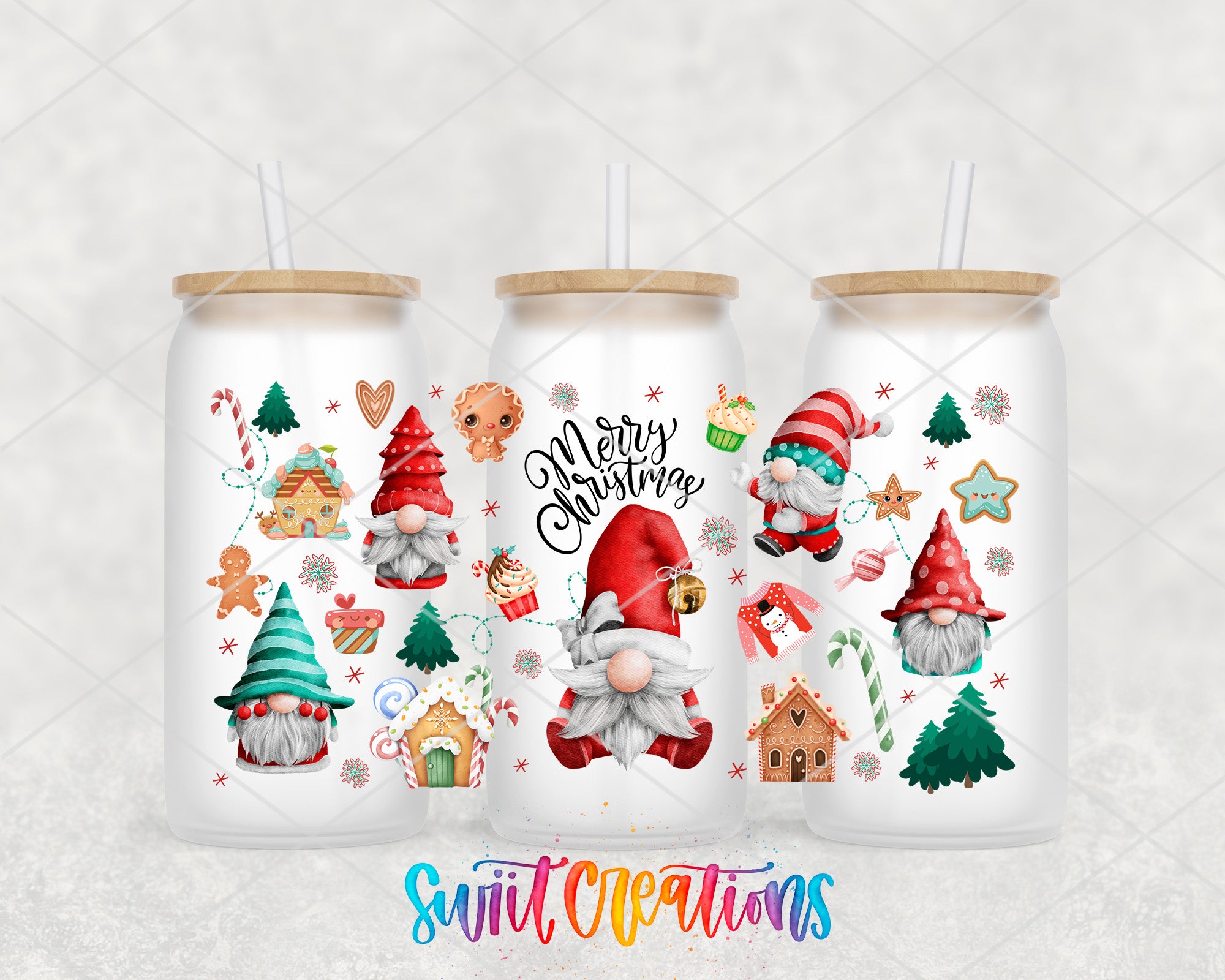 A collage of three glass tumblers with Christmas-themed designs, including gnomes, gingerbread houses, and other festive elements.
