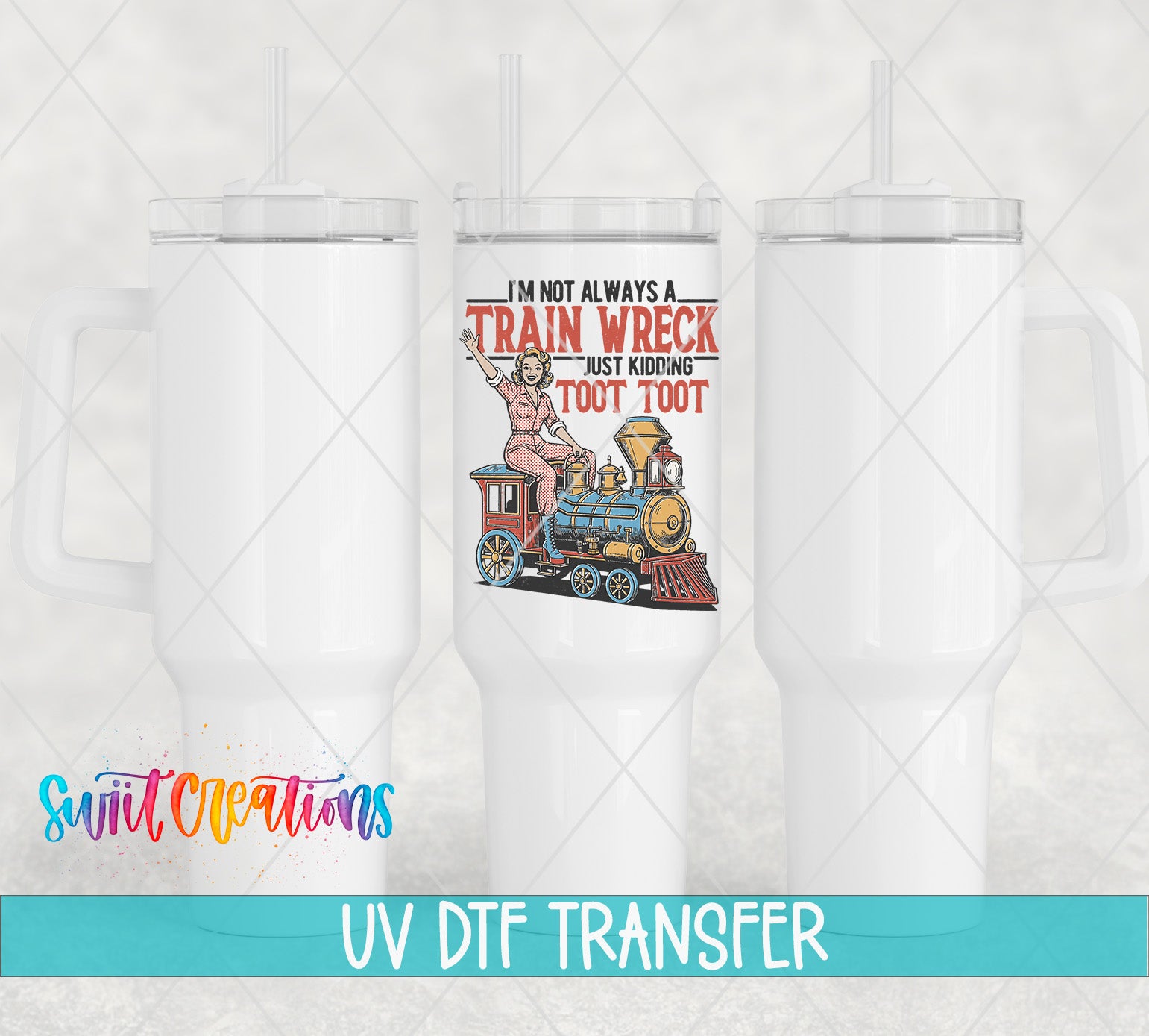a white ceramic mug with a printed design on it, including a train and a woman. The mug has a handle on the left side and a straw on the right side. The mug is placed against a light background, and there is text at the bottom of the image that says "UV Dtf Transfer".