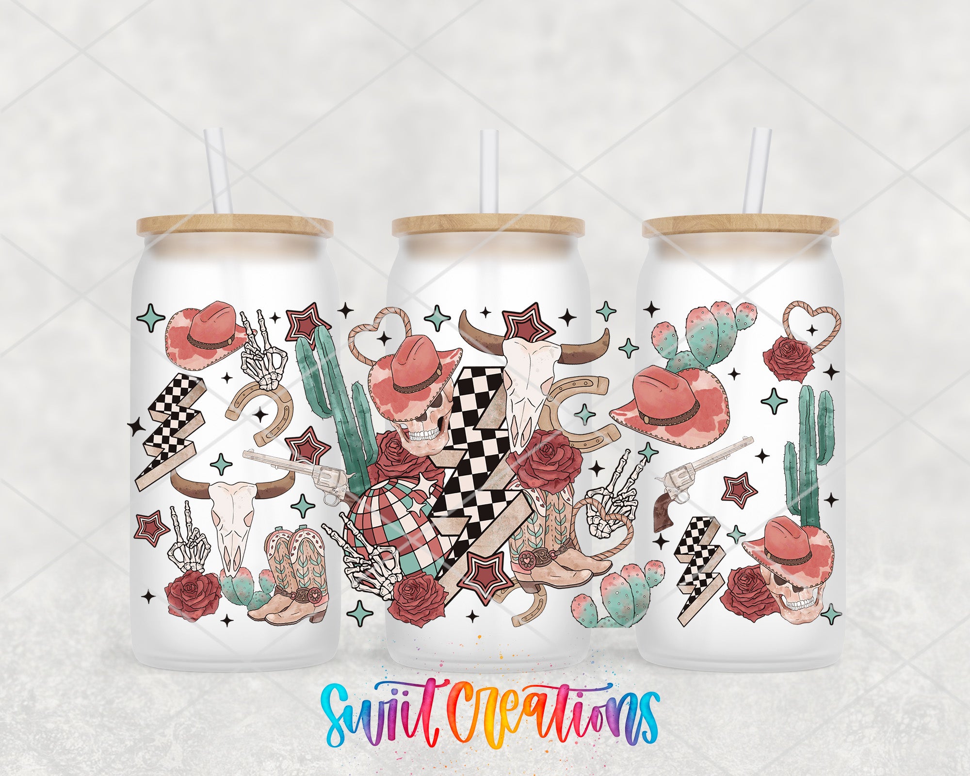 three white tumblers with colorful and whimsical designs printed on them, including cowboy hats, cacti, and other desert-themed elements.
