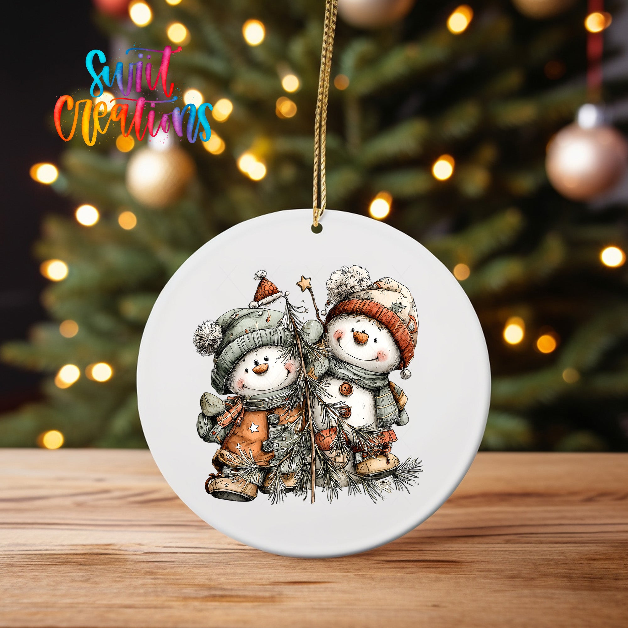 A white ornament featuring two snowmen, one wearing a red hat and the other a green hat, is hanging from a string against a blurred background of Christmas lights.