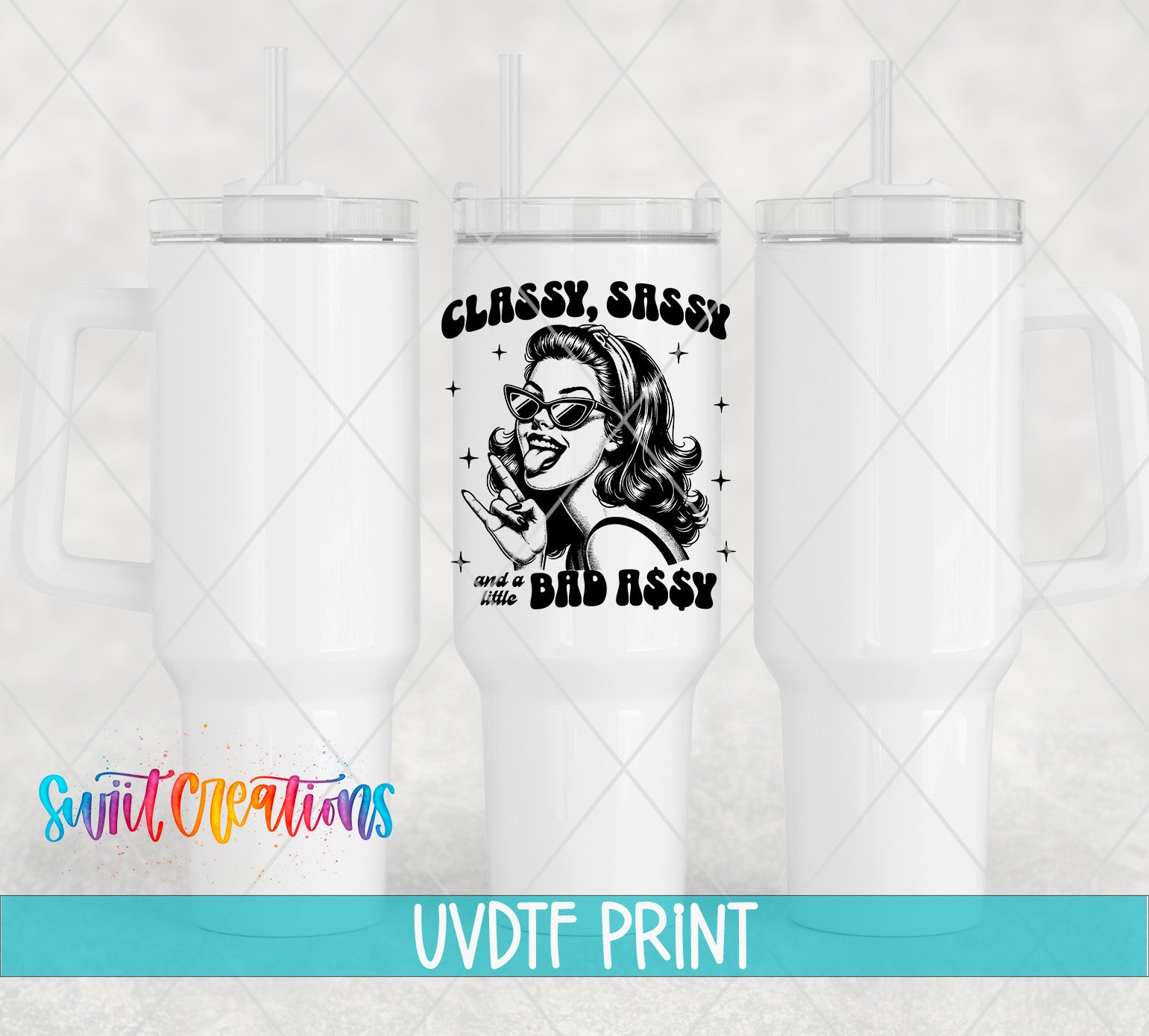 a white ceramic mug with a black and white illustration of a woman and the text "CLASSY SASSY AND A BAD ASSY" printed on it.