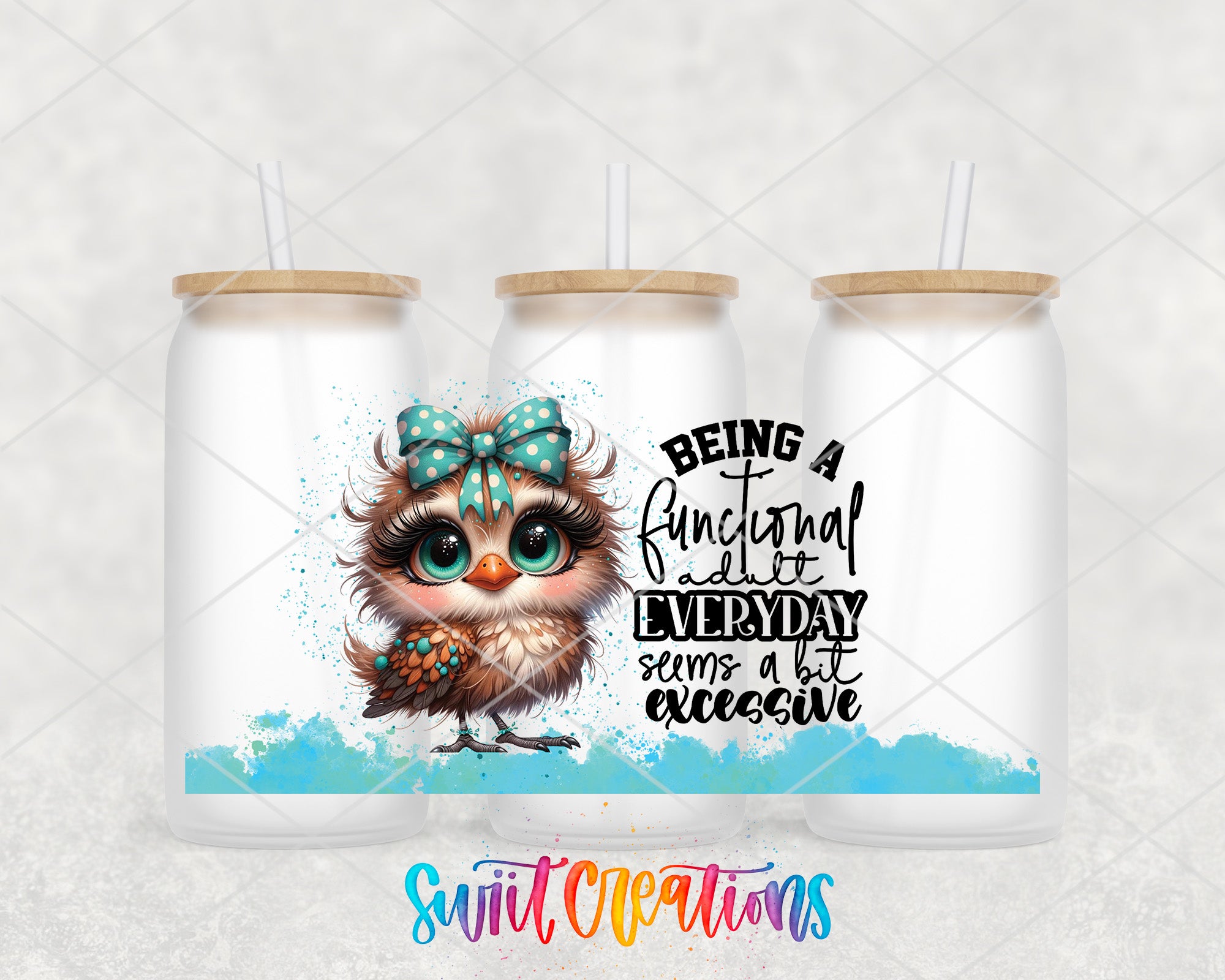 A cartoon owl wearing a blue bow tie and surrounded by splashes of blue and green colors, with the text "Being a functional adult everyday seems a bit excessive" and "Switcraft Creations" written below.