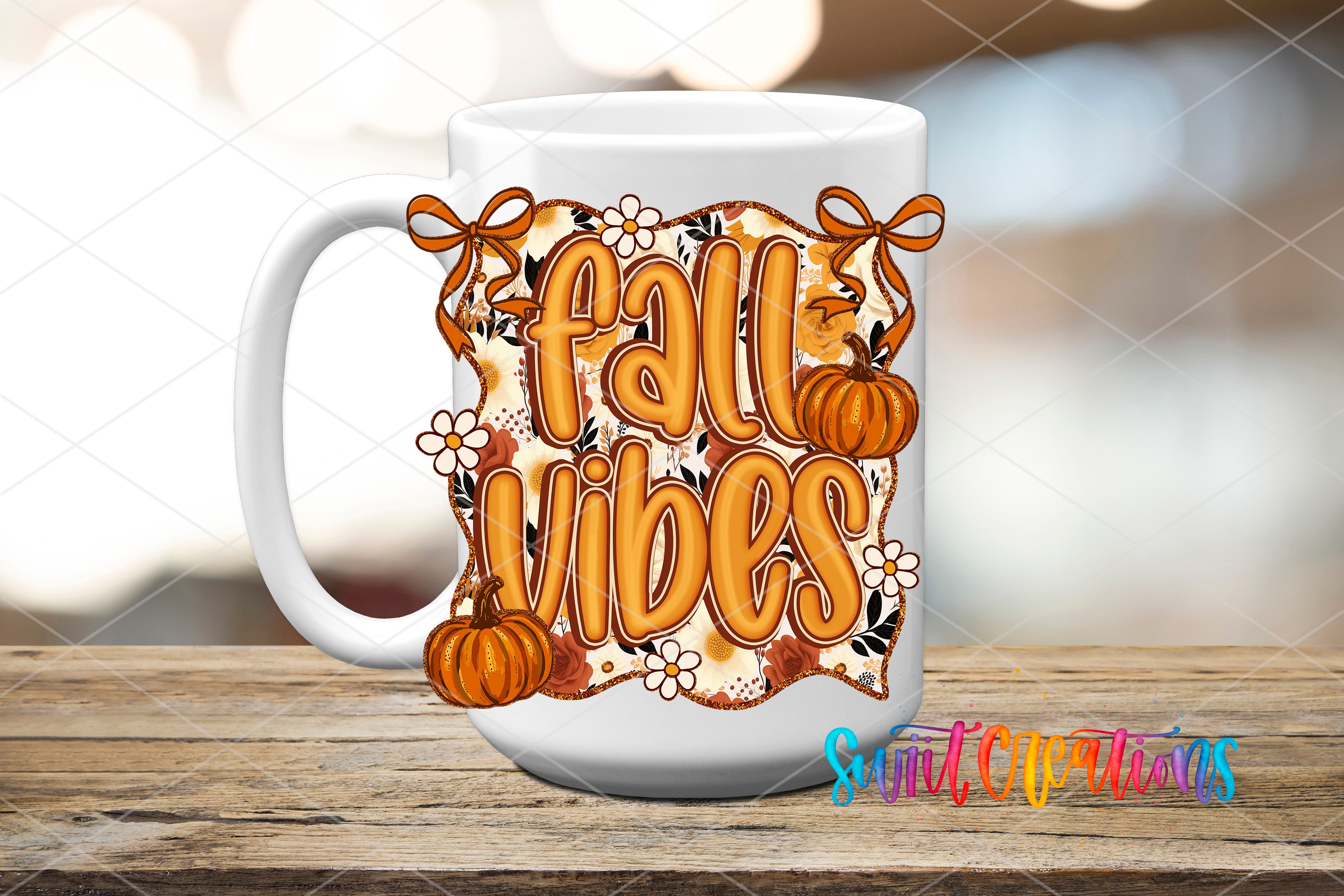 A white mug with the text "Fall Vibes" and pumpkin graphics printed on it, placed on a wooden surface.