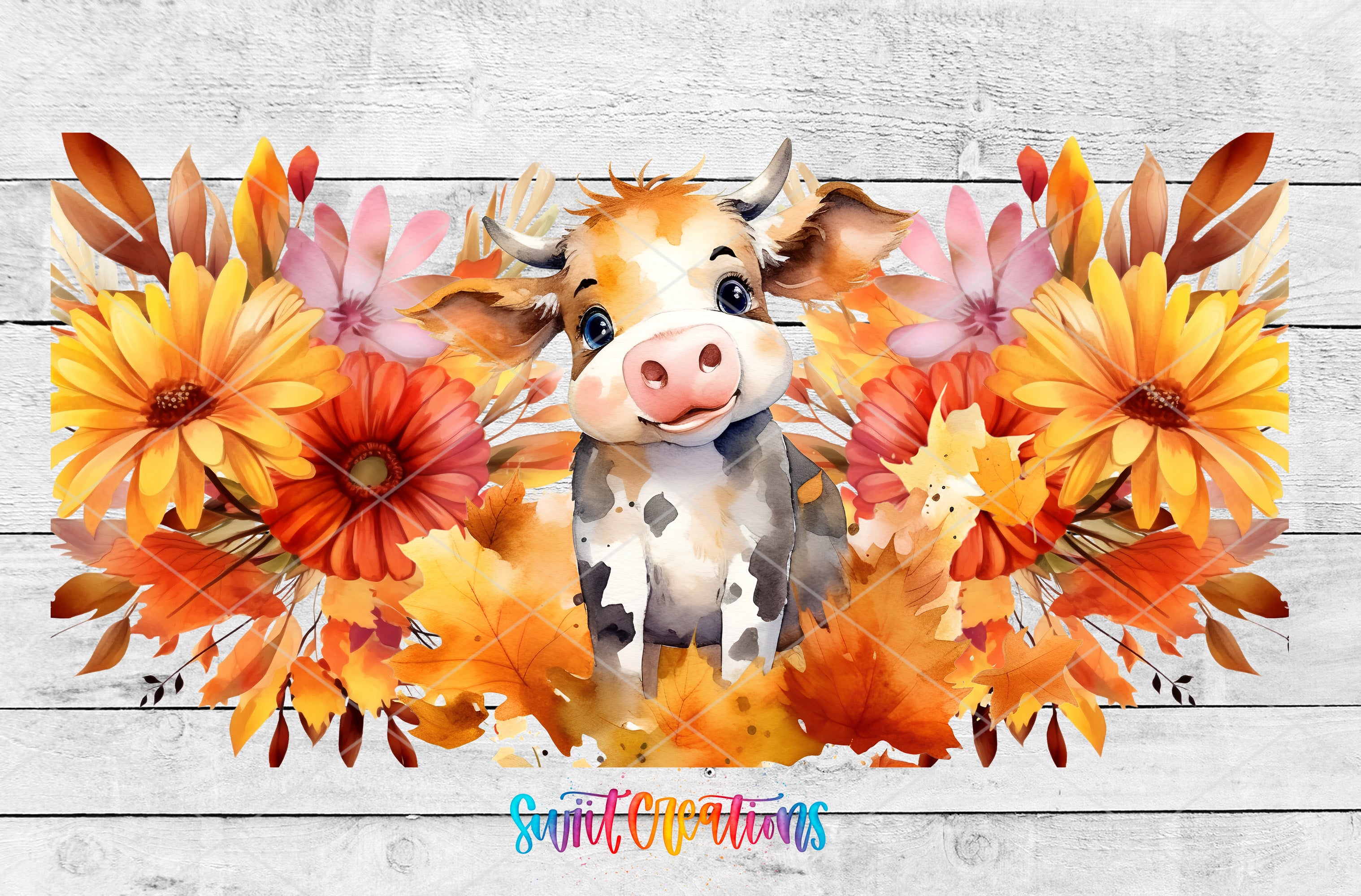 A cheerful cow surrounded by a vibrant arrangement of autumn flowers, including sunflowers, daisies, and other colorful blooms.