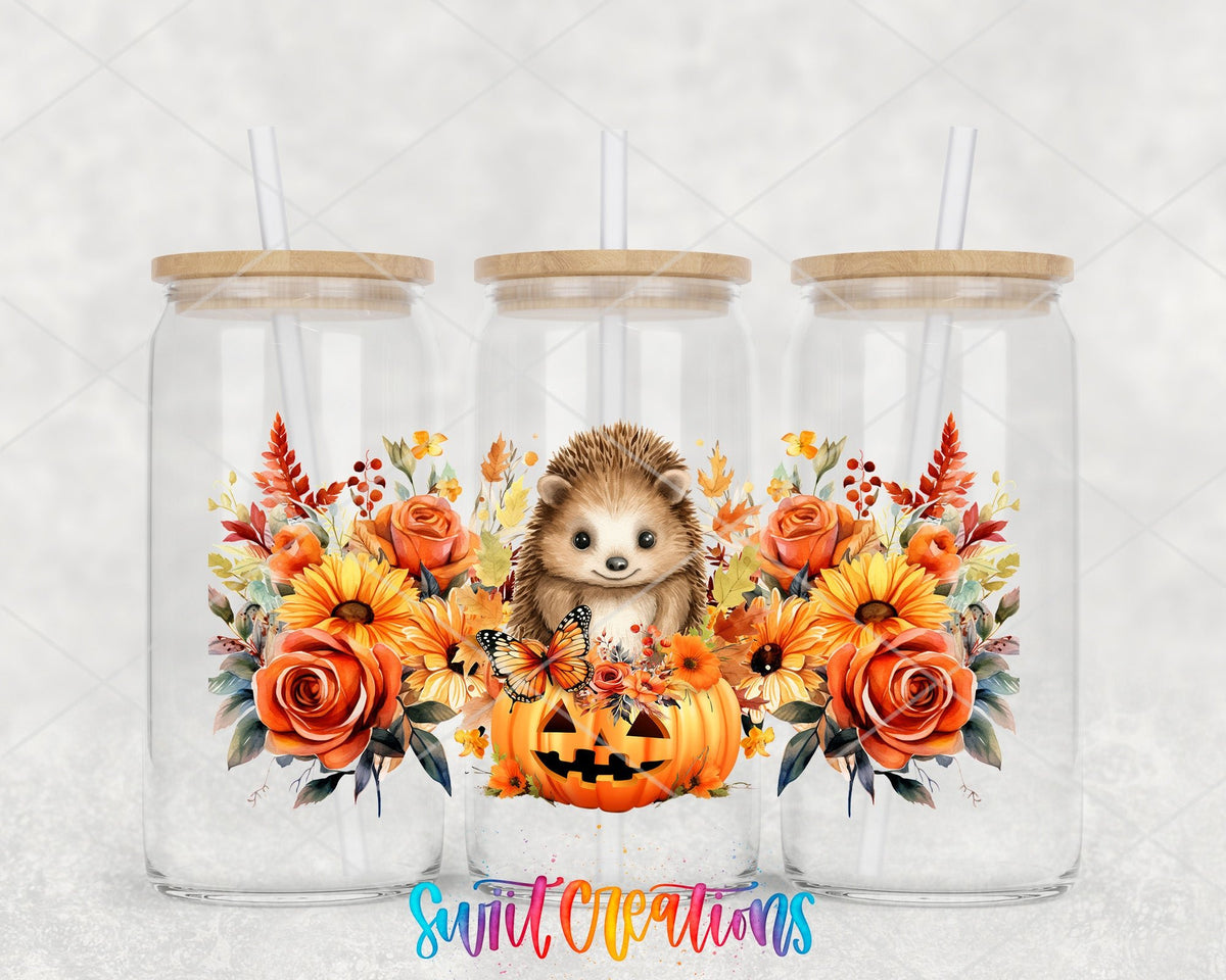 Fall Hedgehog UV DTF Transfer Tumbler Wrap | Pumpkin Floral Autumn | DTF165 - Swiit Creations