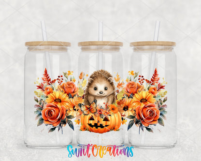 Fall Hedgehog UV DTF Transfer Tumbler Wrap | Pumpkin Floral Autumn | DTF165 - Swiit Creations