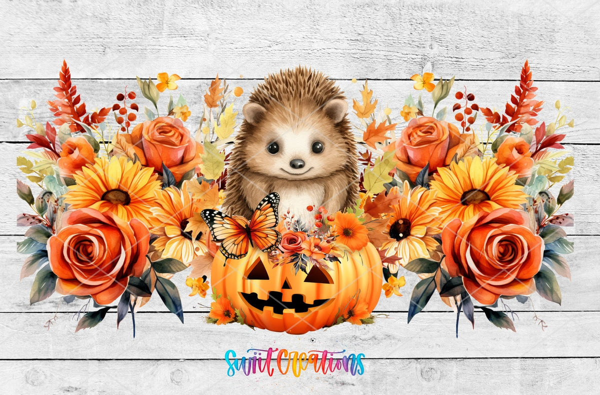 Fall Hedgehog UV DTF Transfer Tumbler Wrap | Pumpkin Floral Autumn | DTF165 - Swiit Creations