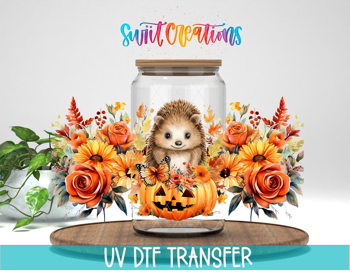 Fall Hedgehog UV DTF Transfer Tumbler Wrap | Pumpkin Floral Autumn | DTF165 - Swiit Creations