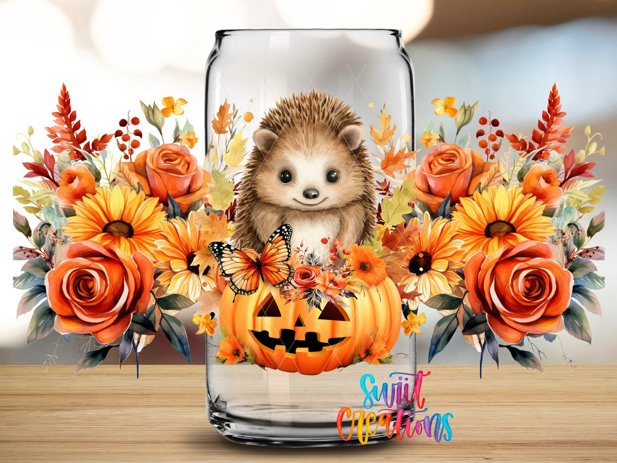Fall Hedgehog UV DTF Transfer Tumbler Wrap | Pumpkin Floral Autumn | DTF165 - Swiit Creations