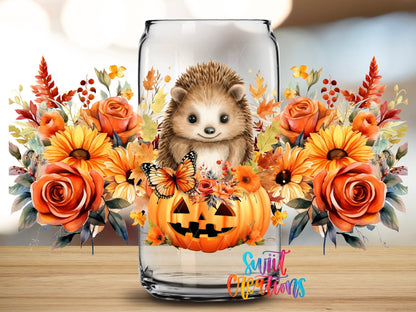 Fall Hedgehog UV DTF Transfer Tumbler Wrap | Pumpkin Floral Autumn | DTF165 - Swiit Creations