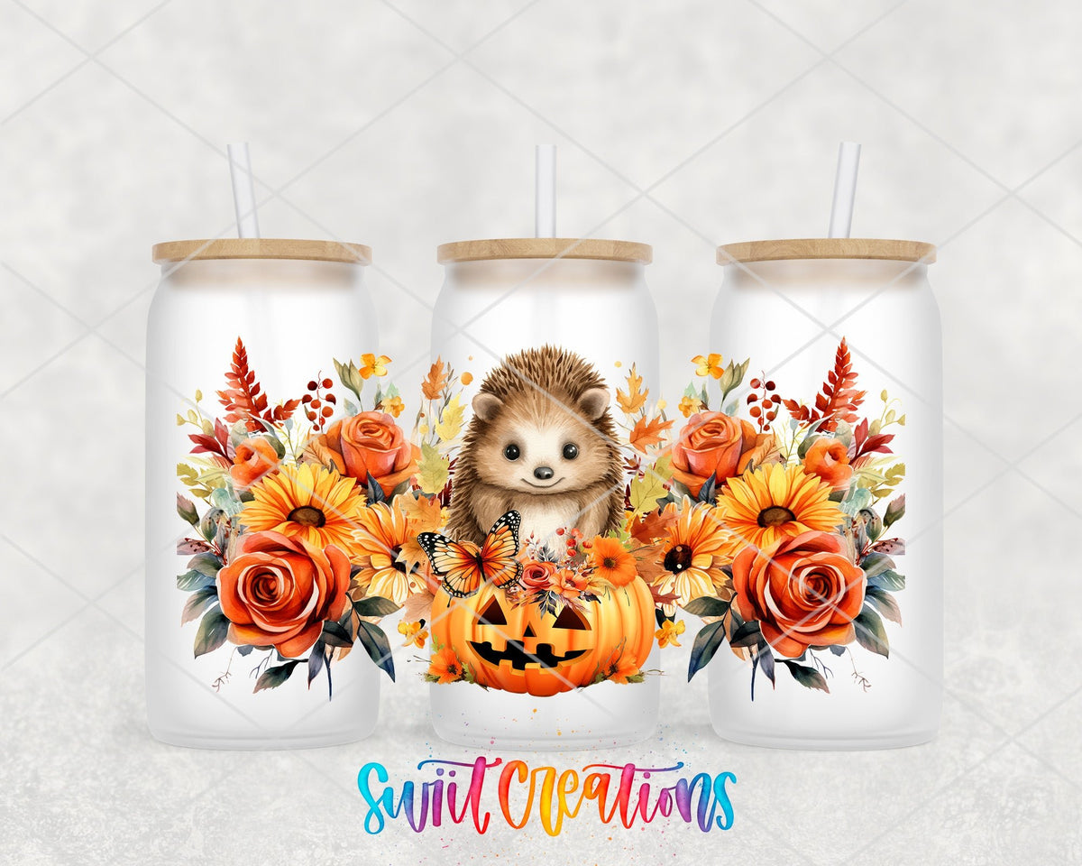 Fall Hedgehog UV DTF Transfer Tumbler Wrap | Pumpkin Floral Autumn | DTF165 - Swiit Creations