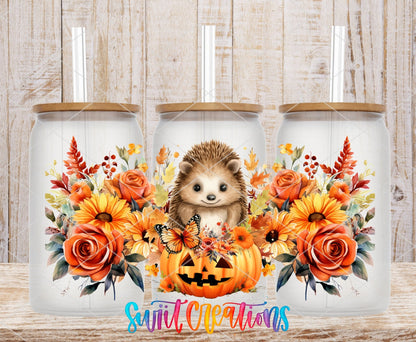 Fall Hedgehog UV DTF Transfer Tumbler Wrap | Pumpkin Floral Autumn | DTF165 - Swiit Creations