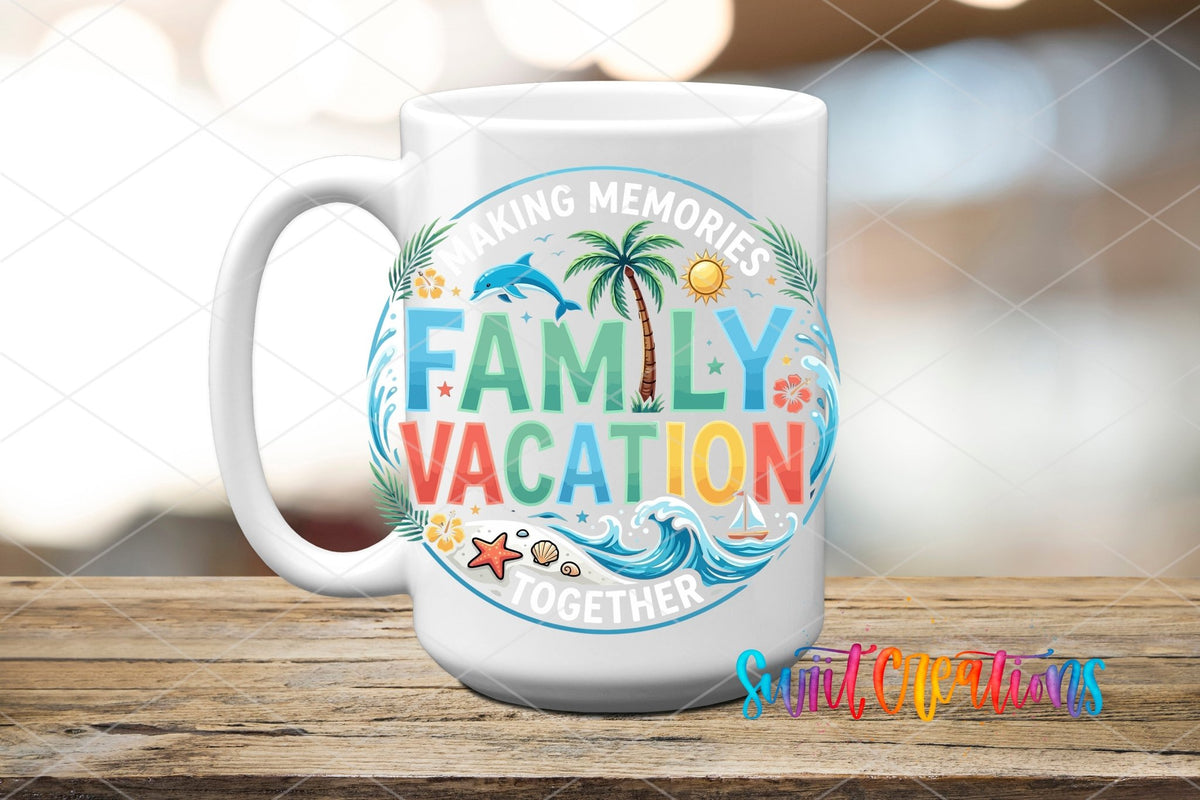 Family Vacation Making Memories Beach UV DTF transfer displayed on a white ceramic mug from Swiit Creations