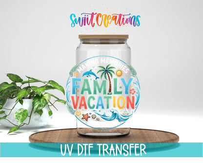 Family Vacation Making Memories Beach UV DTF transfer displayed on a clear jar mockup from Swiit Creations