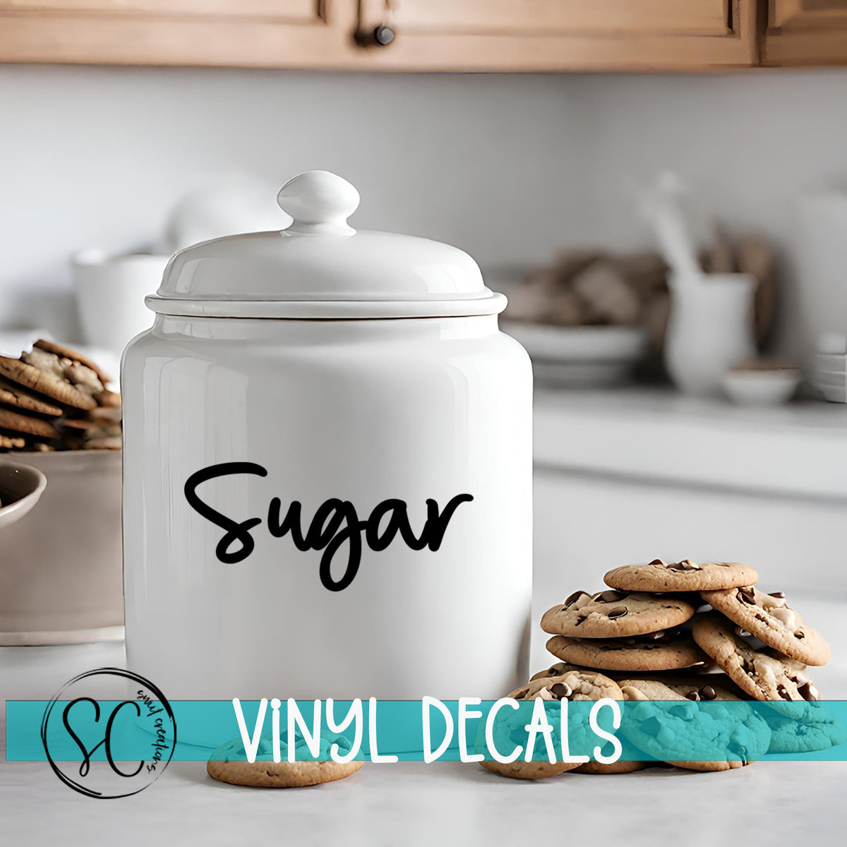 a cookie jar sitting on top of a counter next to cookies
