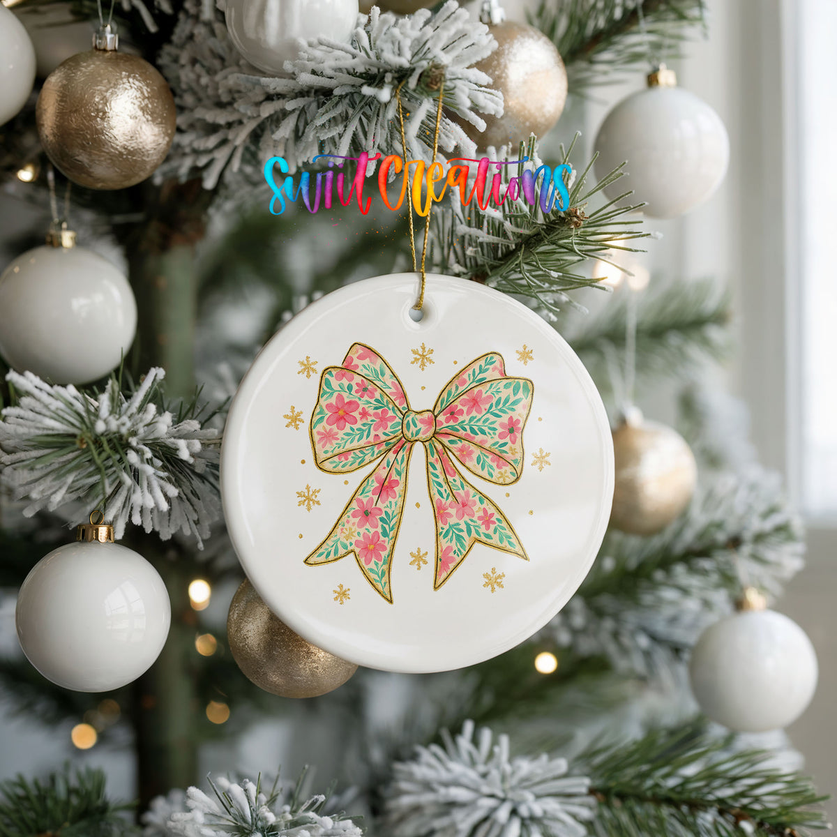 A white ceramic ornament with a floral design and a bow is hanging on a Christmas tree, surrounded by white and gold ornaments.