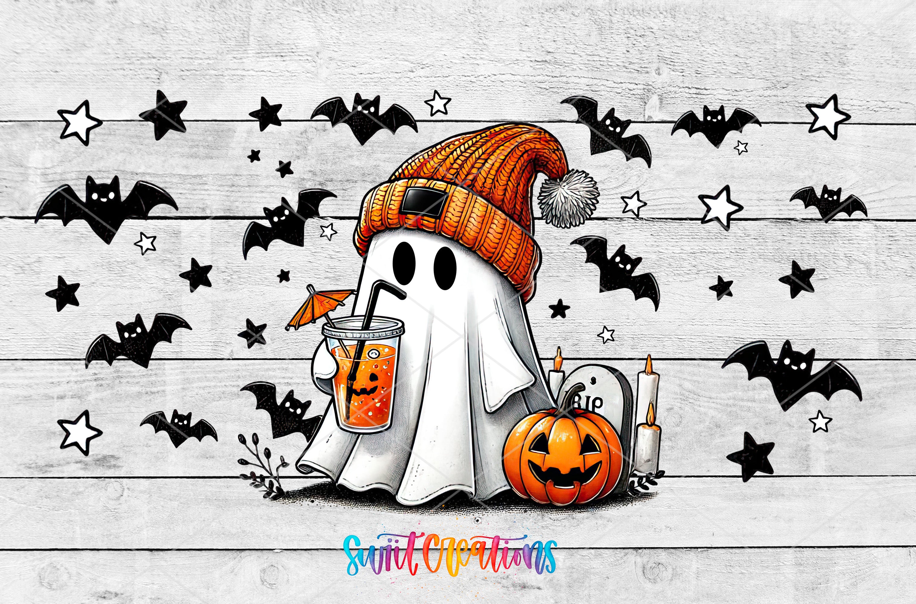 A ghost wearing a knit hat and holding a drink is surrounded by bats, a pumpkin, and other Halloween-themed objects against a white background with black stars.