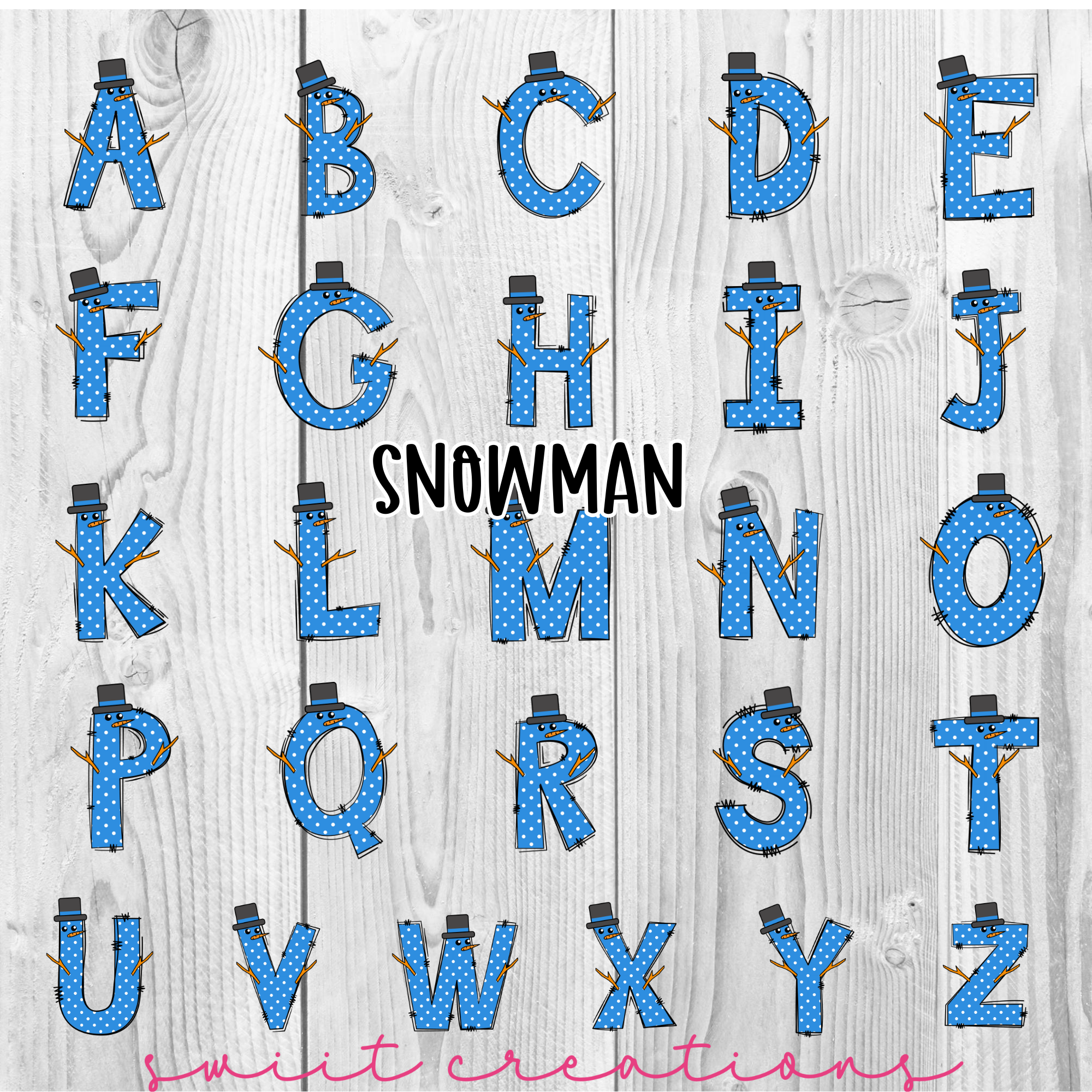 a snowman font and numbers on a wooden background