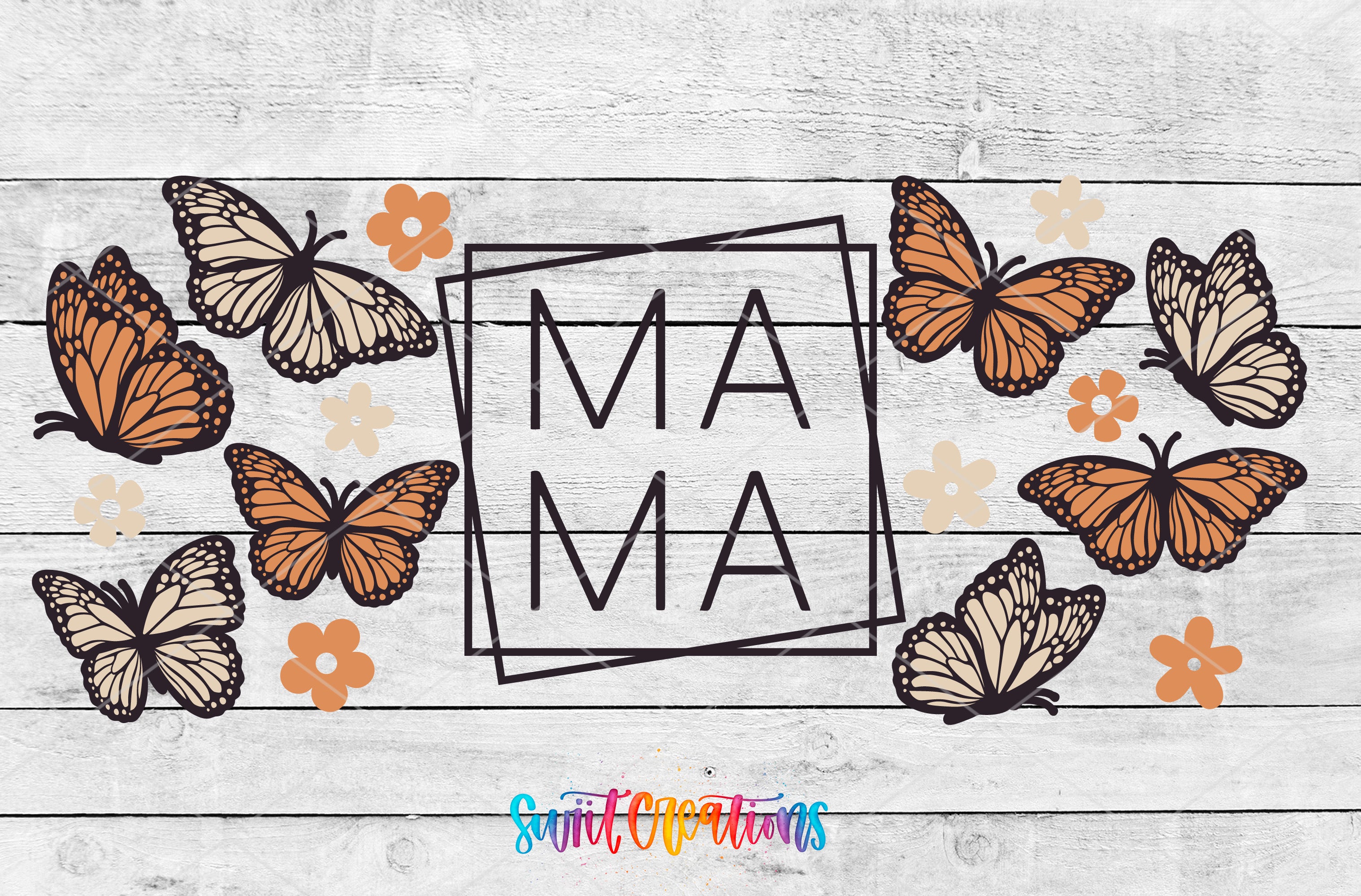 a wooden background with the word "MAMA" prominently displayed in the center, surrounded by various butterflies in shades of orange and black.