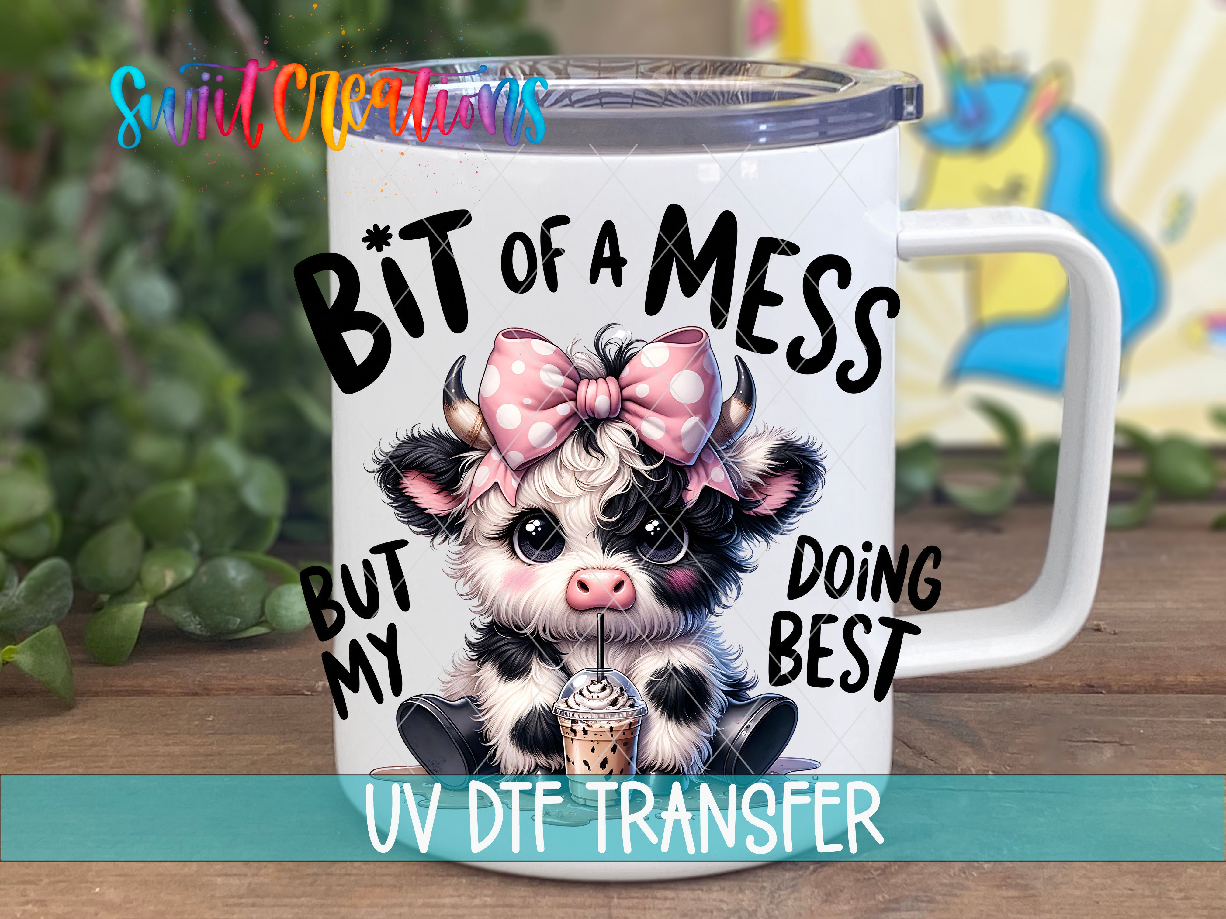 A mug with a cartoon cow design and text on it.