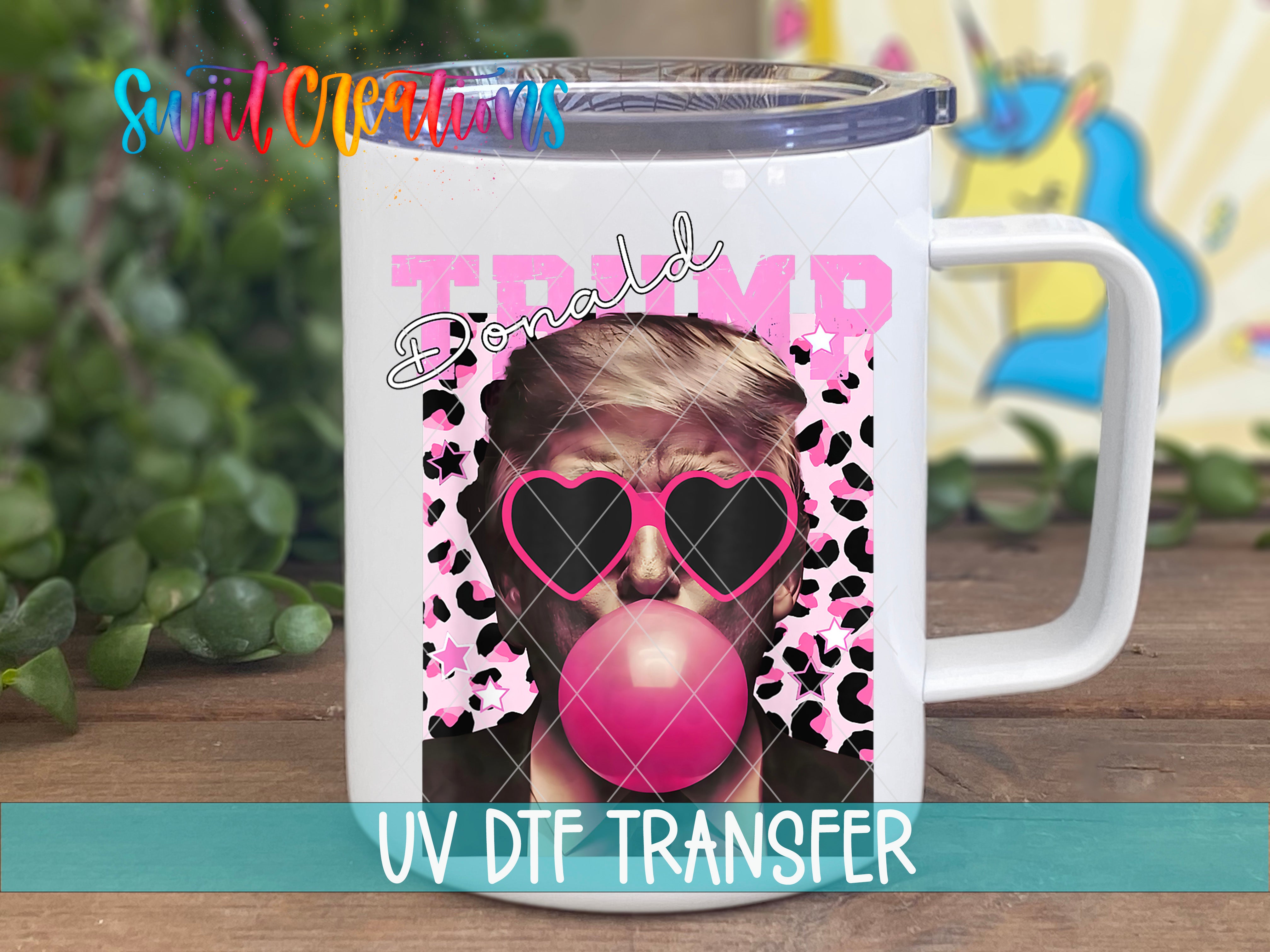 A white mug with a design featuring a woman wearing sunglasses and a bubblegum bubble.