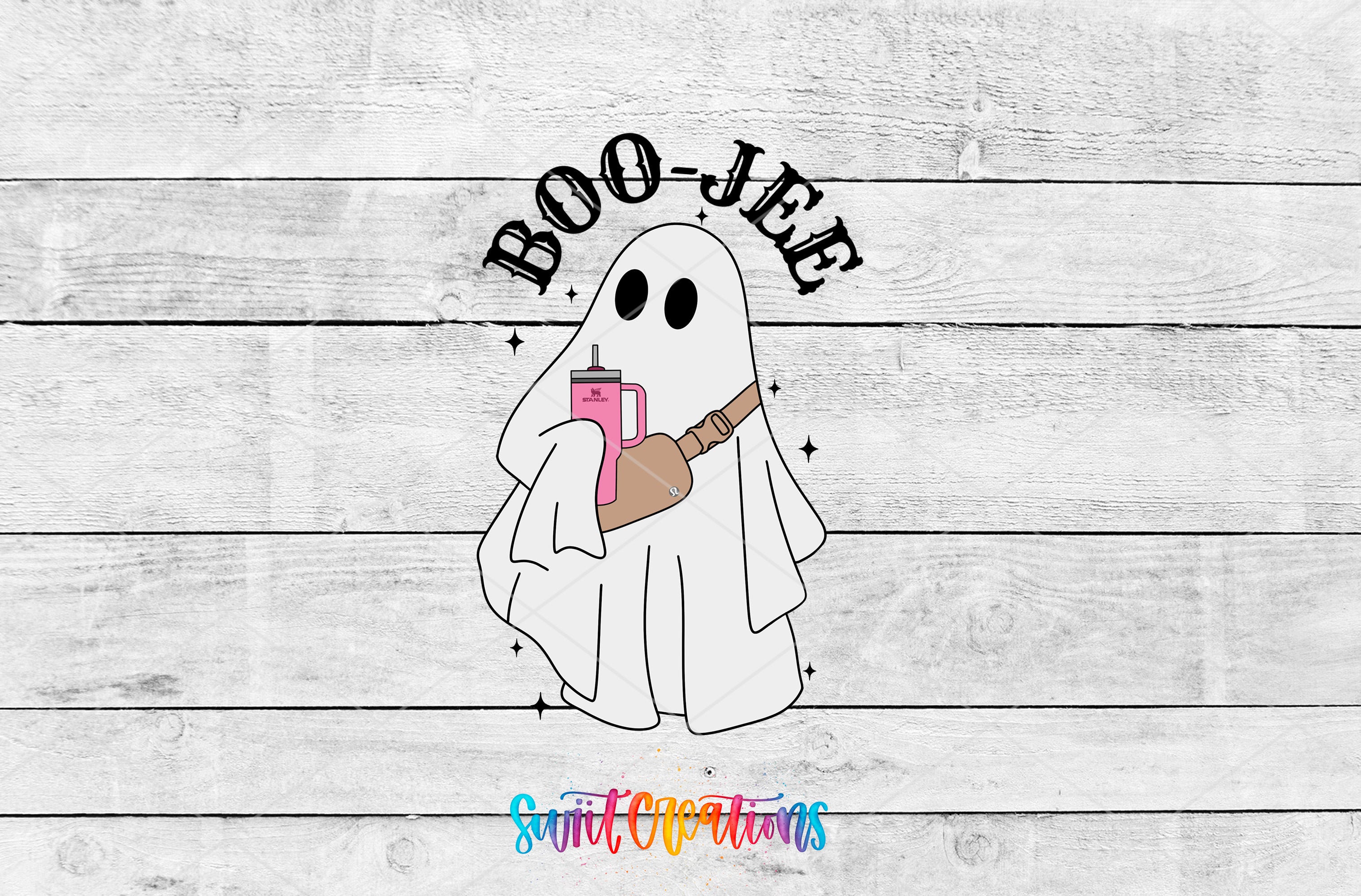A ghost holding a pink cup with the text "BOO-JEE" above it, set against a wooden background.