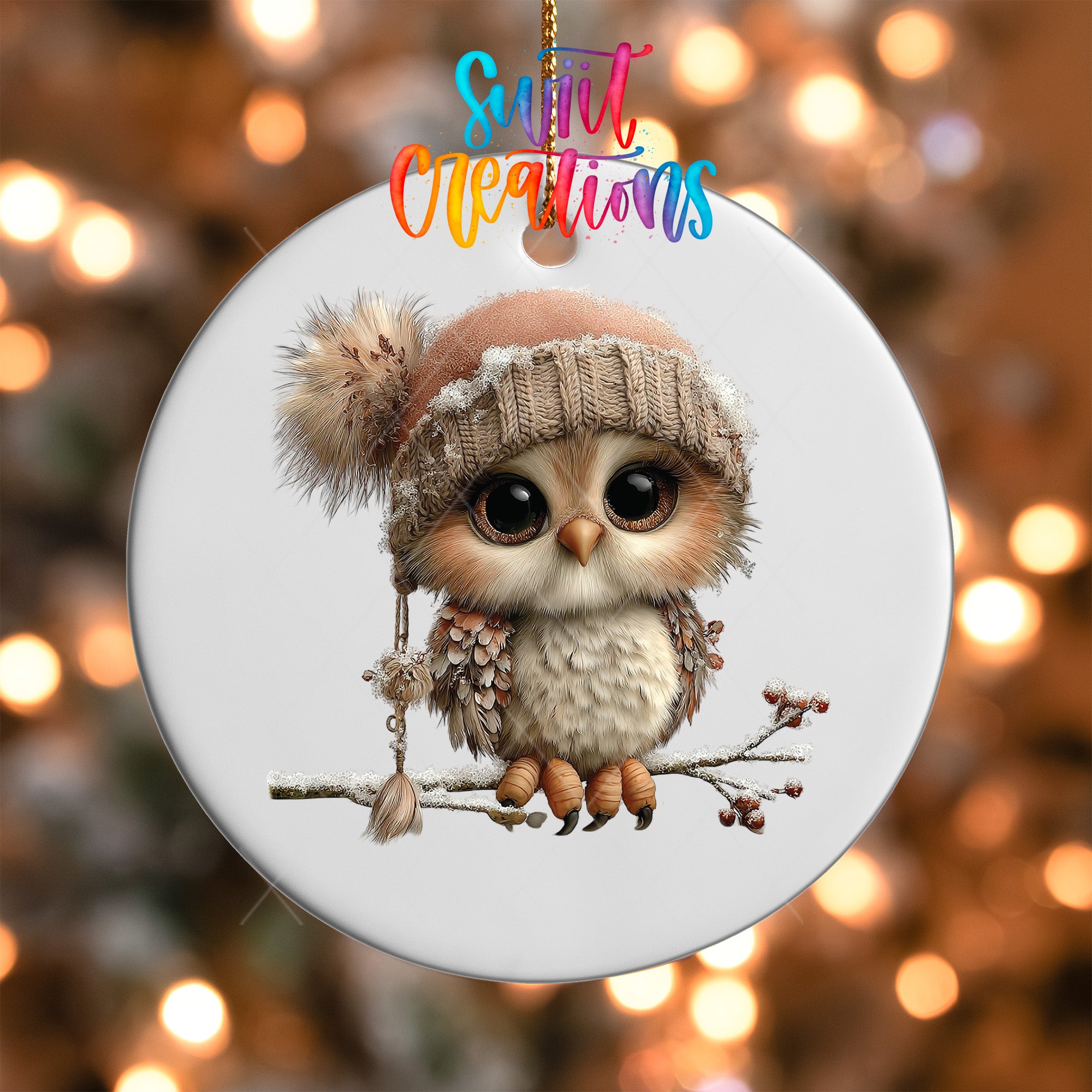 A ceramic ornament featuring a cute owl wearing a knit hat and sitting on a branch.