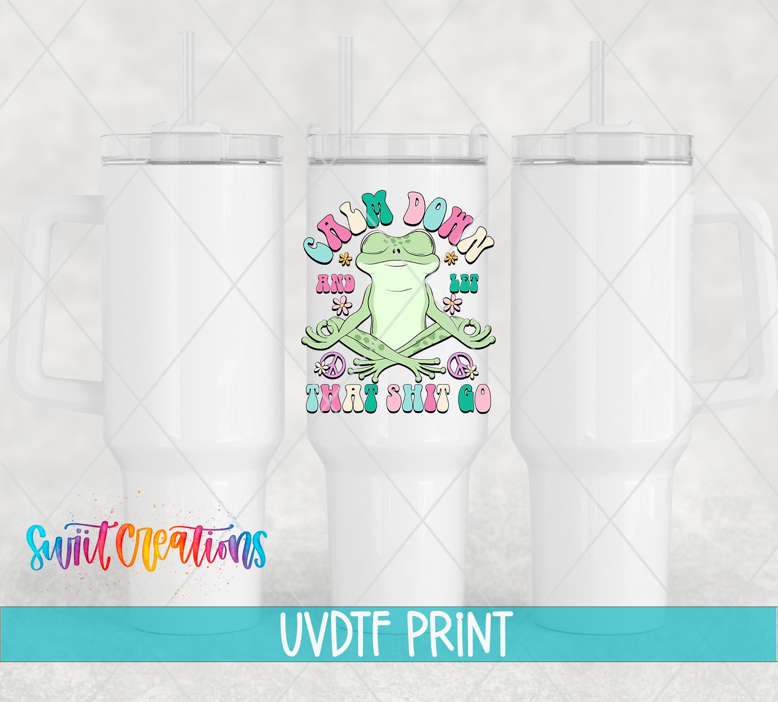 a white ceramic mug with a colorful frog design and text printed on it.