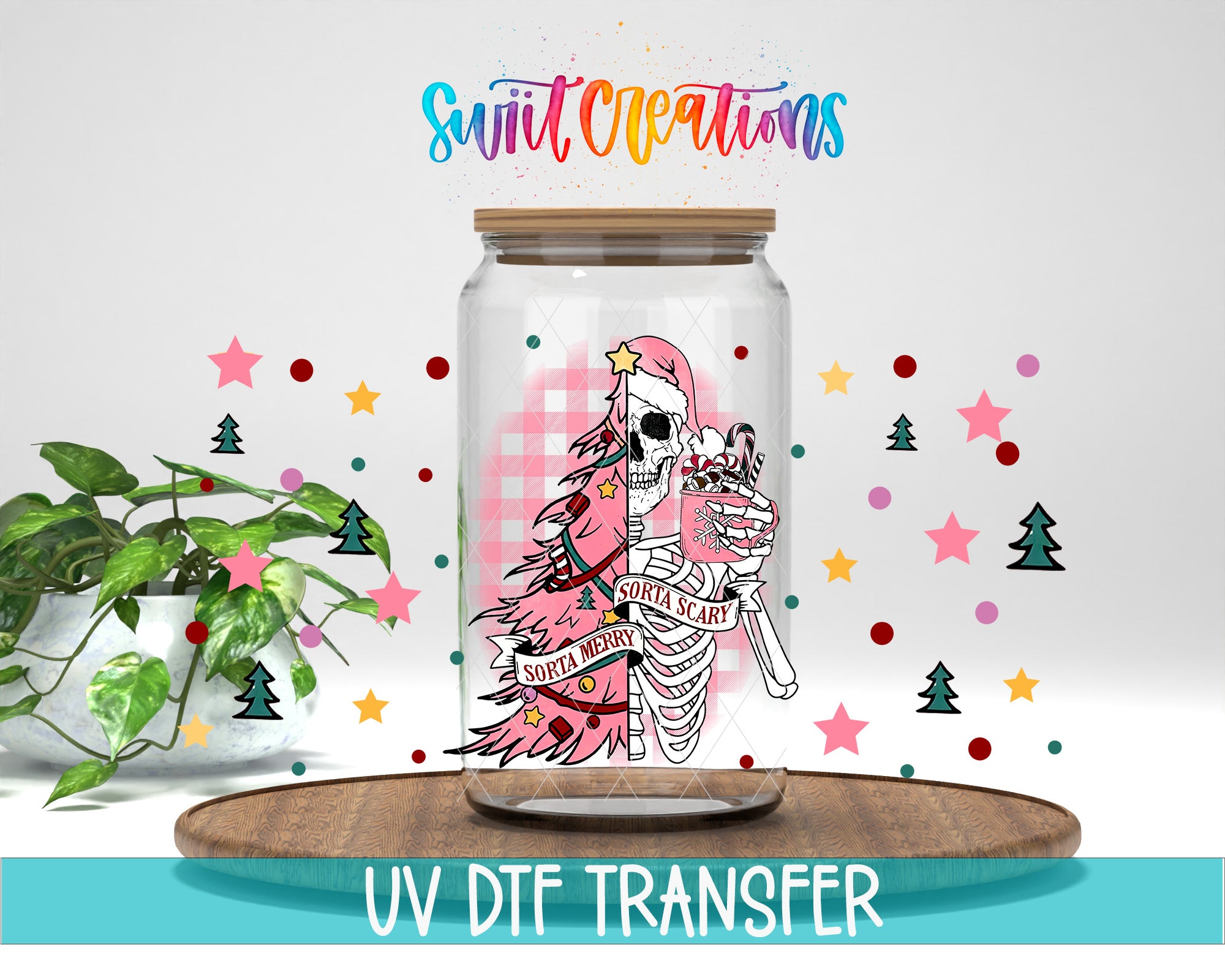 a glass jar with a skeleton wearing a pink hat and holding a cup, surrounded by colorful stars and a potted plant.