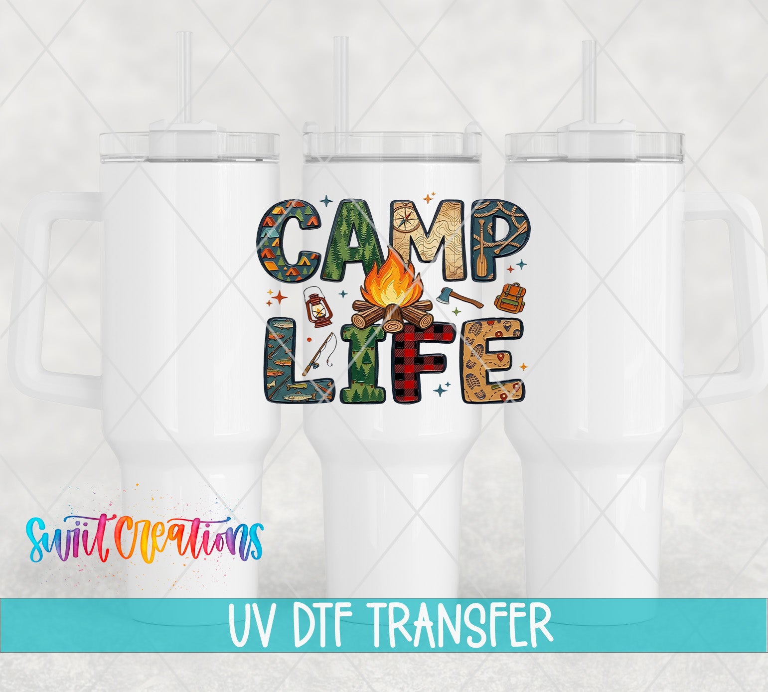 a white mug with a colorful design that says "CAMP LIFE" and includes various camping-related icons such as a campfire, tent, and camping equipment.