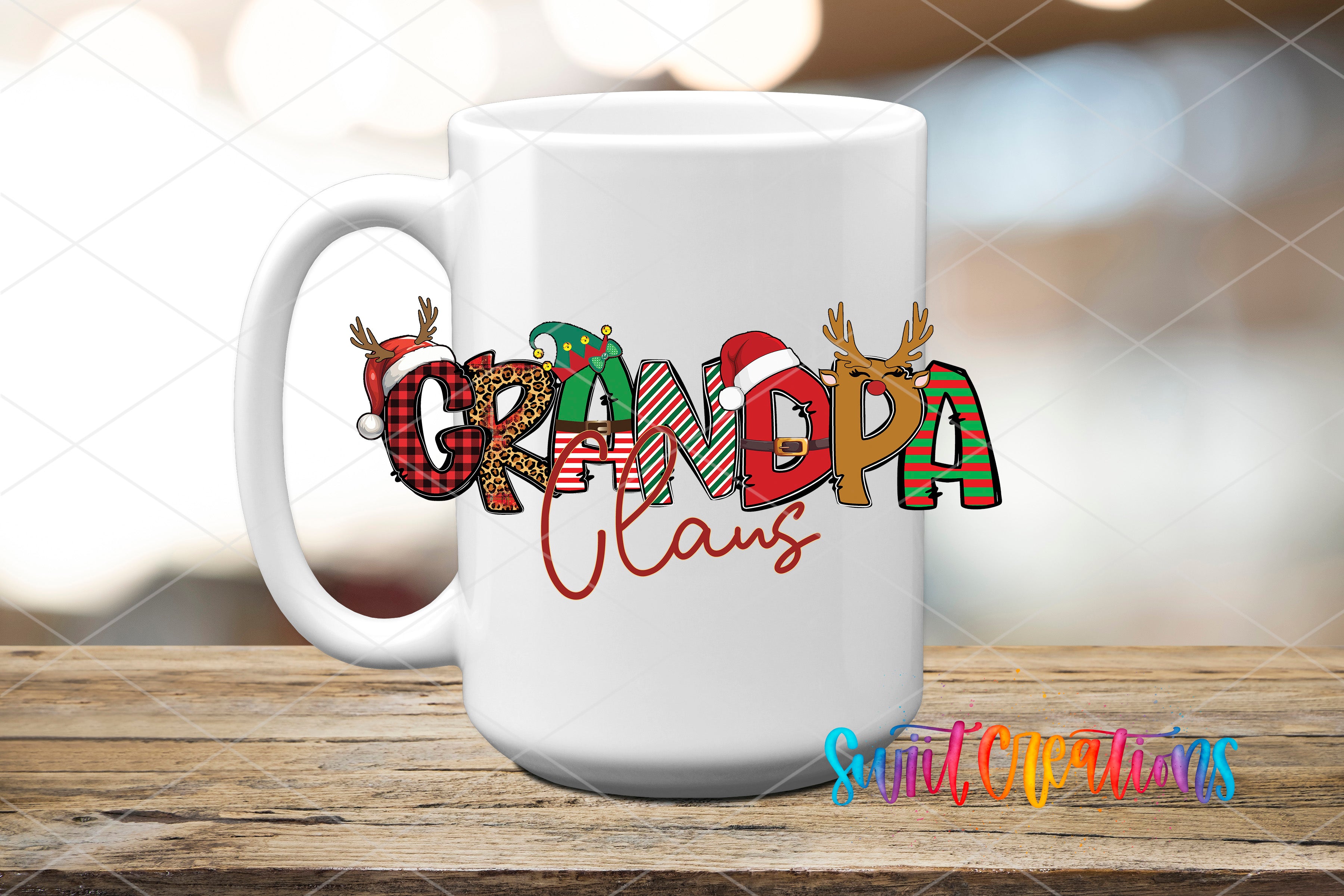 A white ceramic mug with the text "GRANDPA CLANS" printed on it, along with various Christmas-themed decorations such as reindeer and Santa hats.